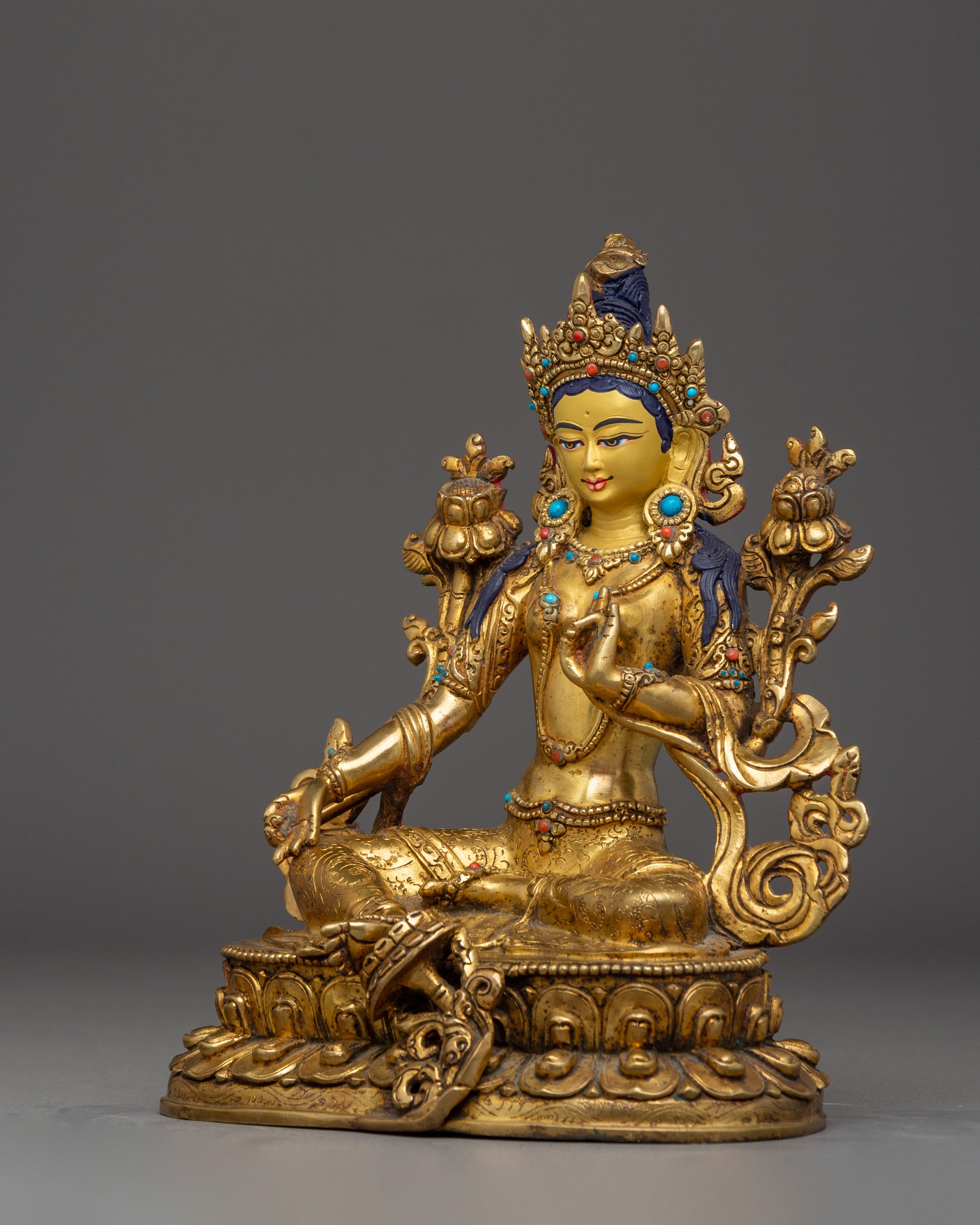 Green Tara Statue for Meditation Decor | Spiritual Gemstones Inlay