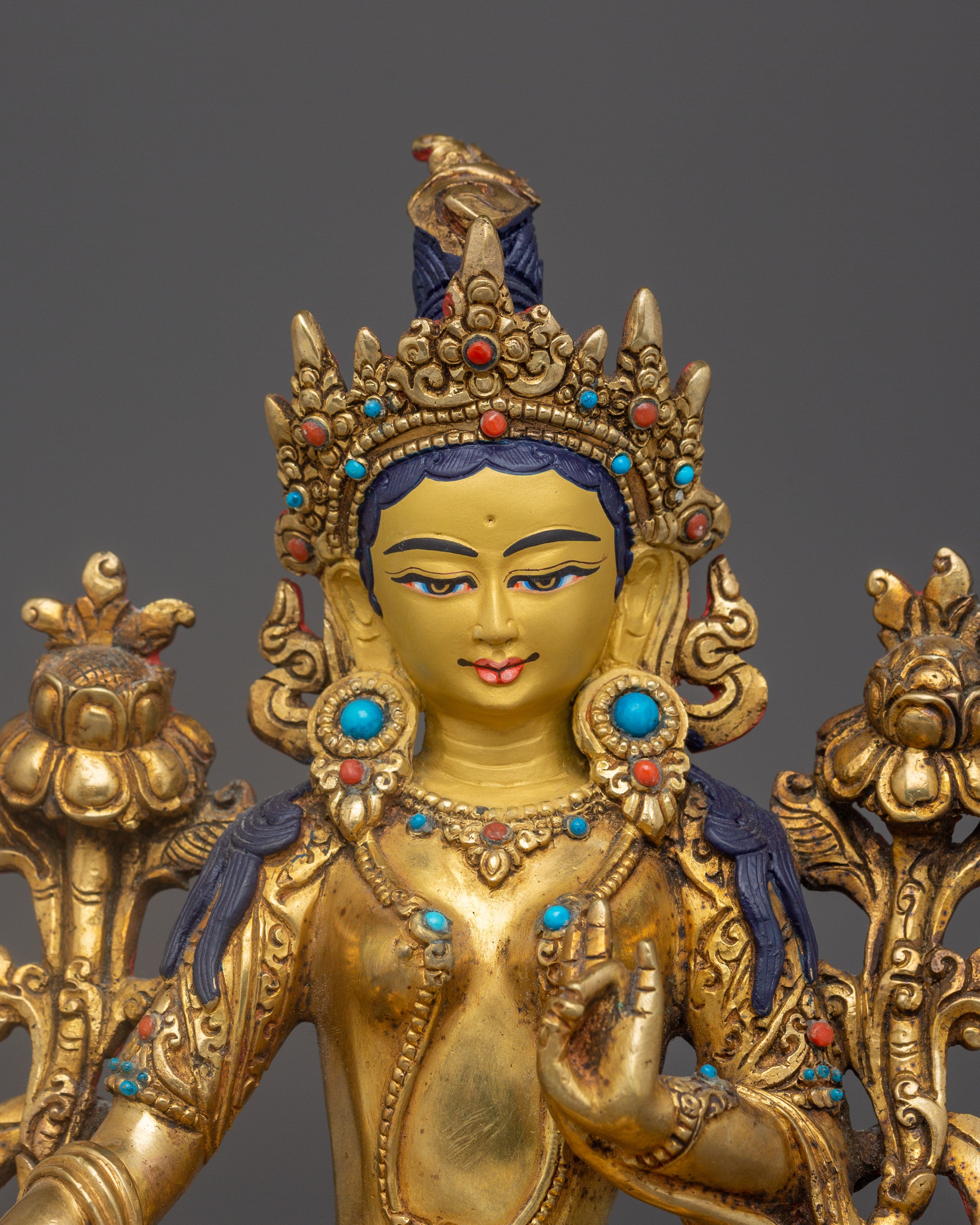 Green Tara Statue for Meditation Decor | Spiritual Gemstones Inlay