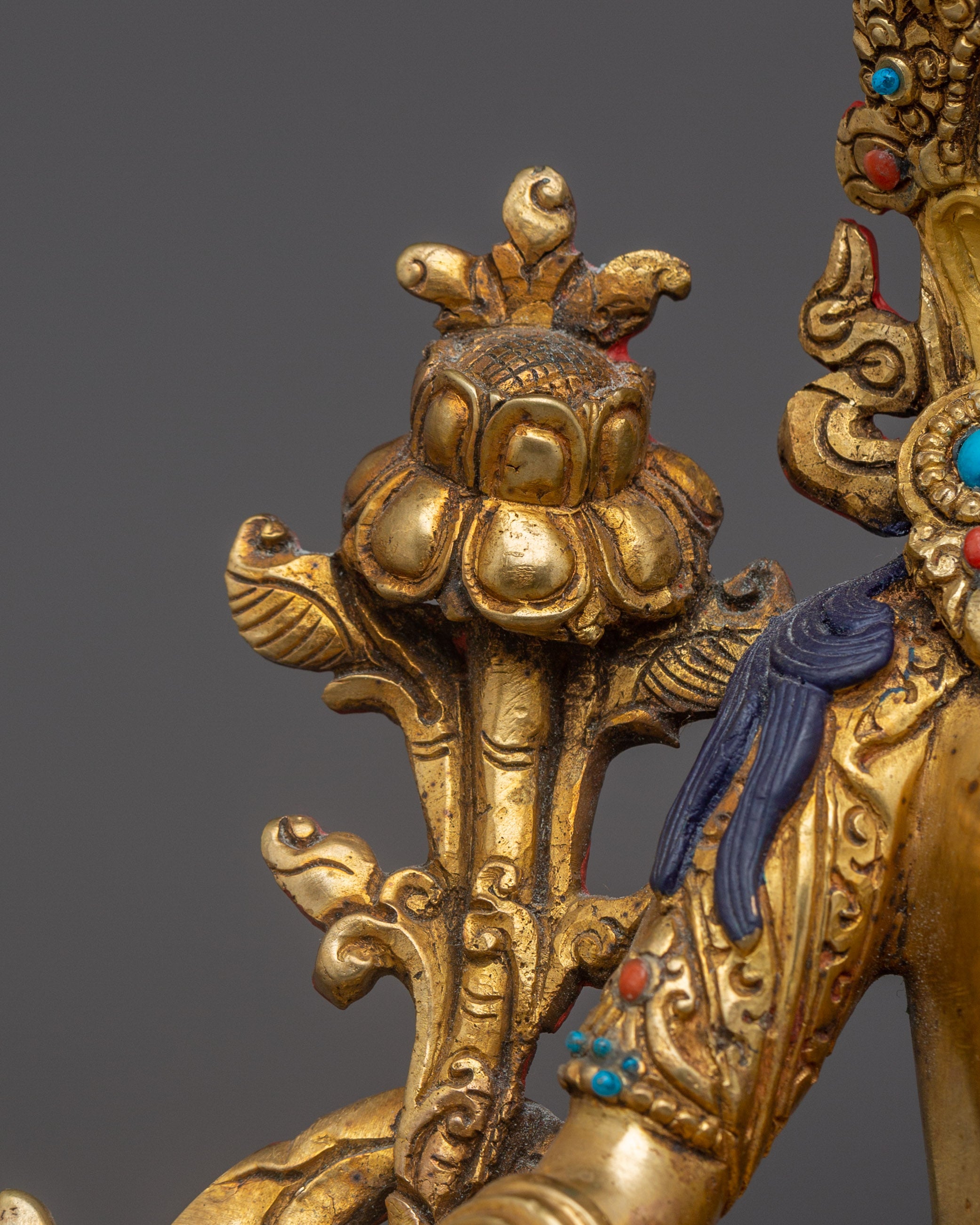 Green Tara Statue for Meditation Decor | Spiritual Gemstones Inlay