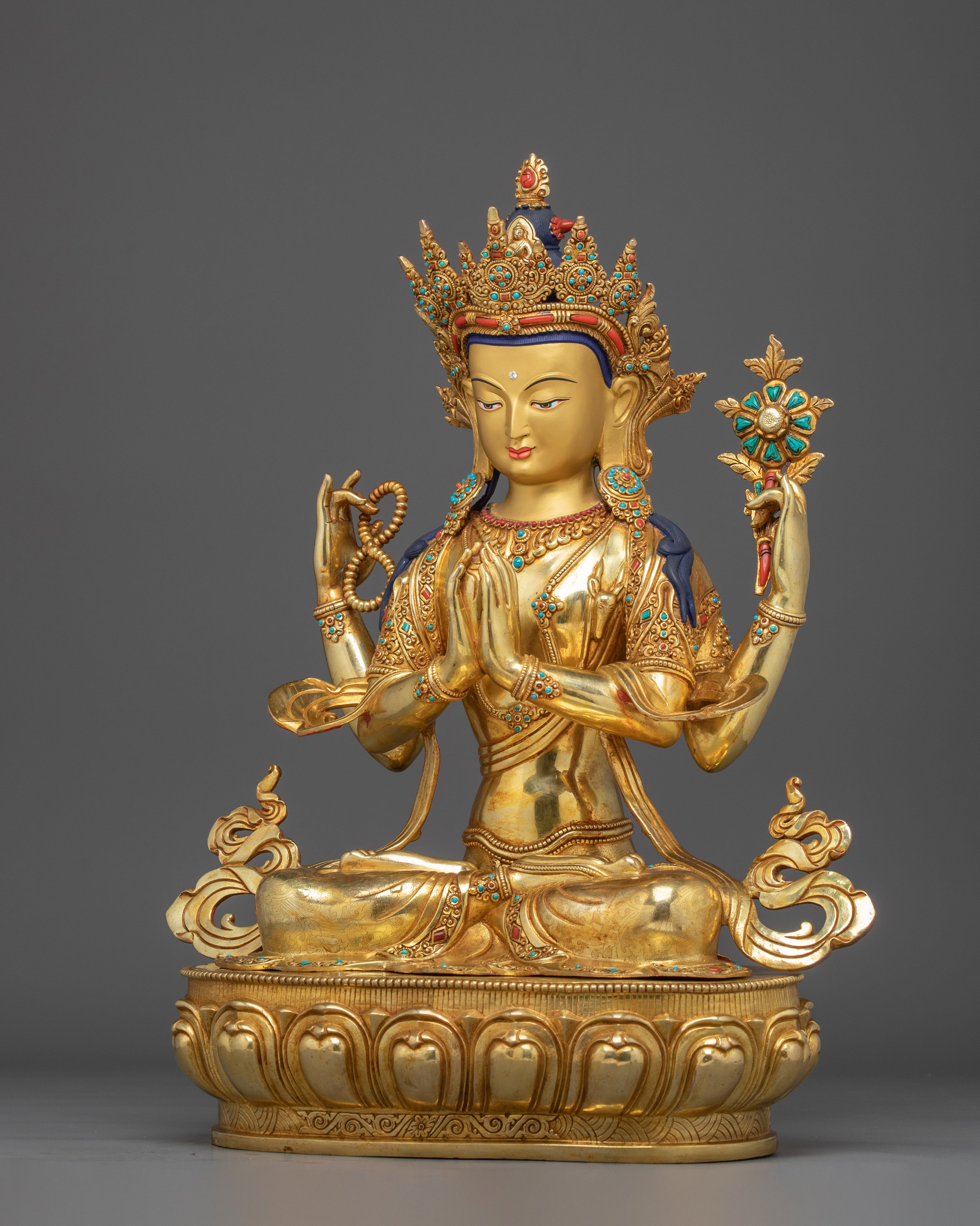Sacred Lotus Seated Chenrezig | Gold Gilded Himalayan Icon