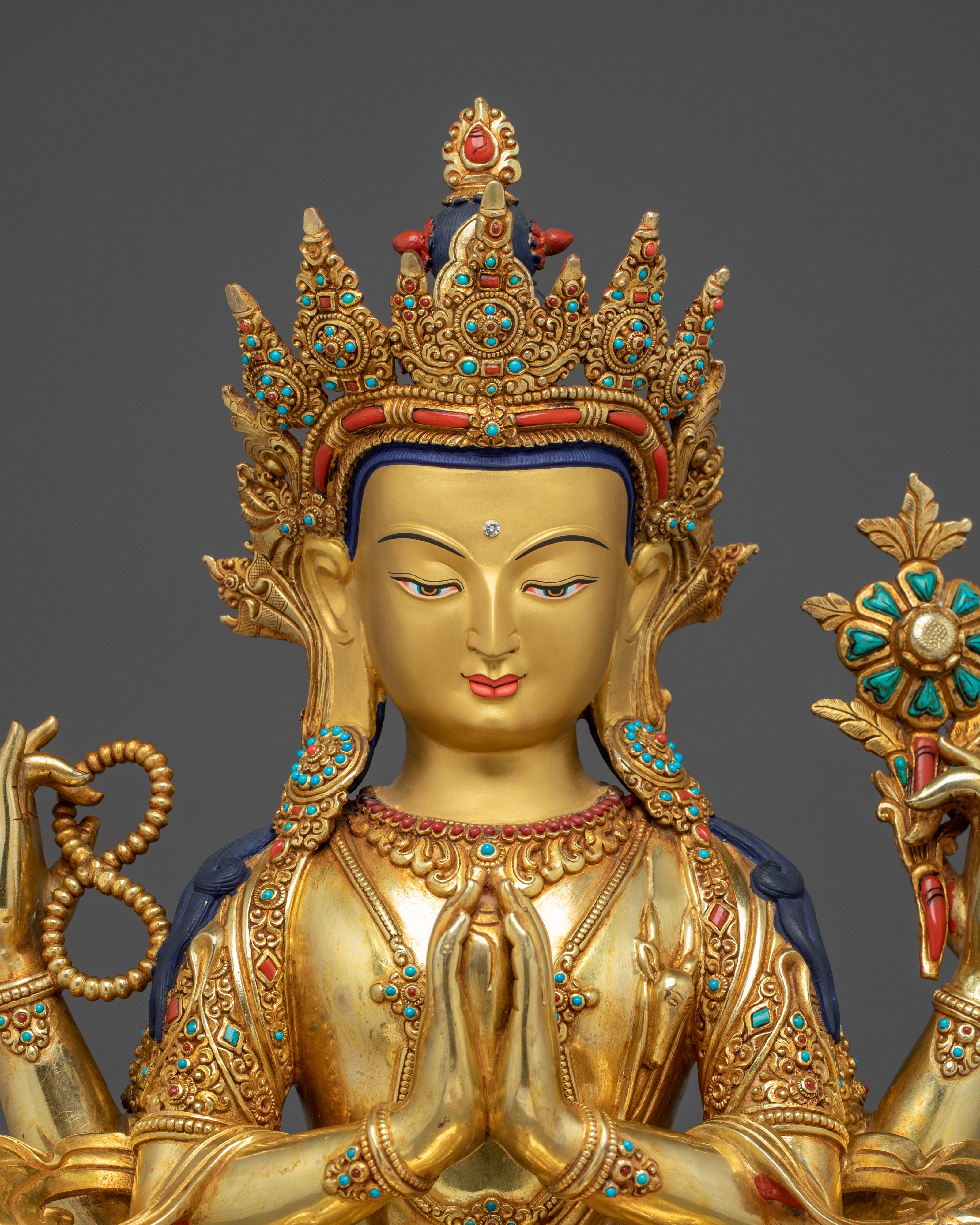 Sacred Lotus Seated Chenrezig | Gold Gilded Himalayan Icon