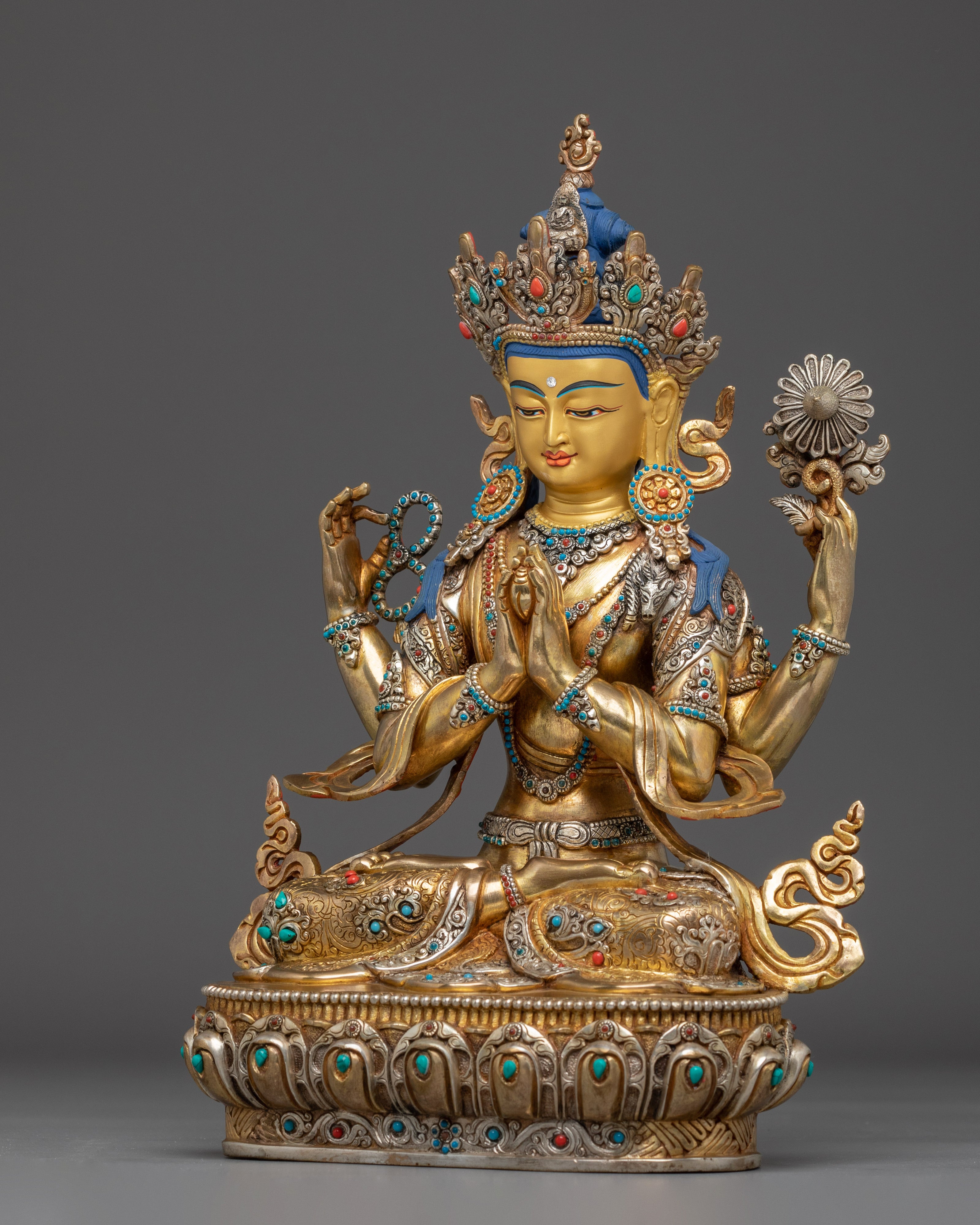 Graceful Golden Chenrezig Sculpture | Handcrafted Nepali Artwork