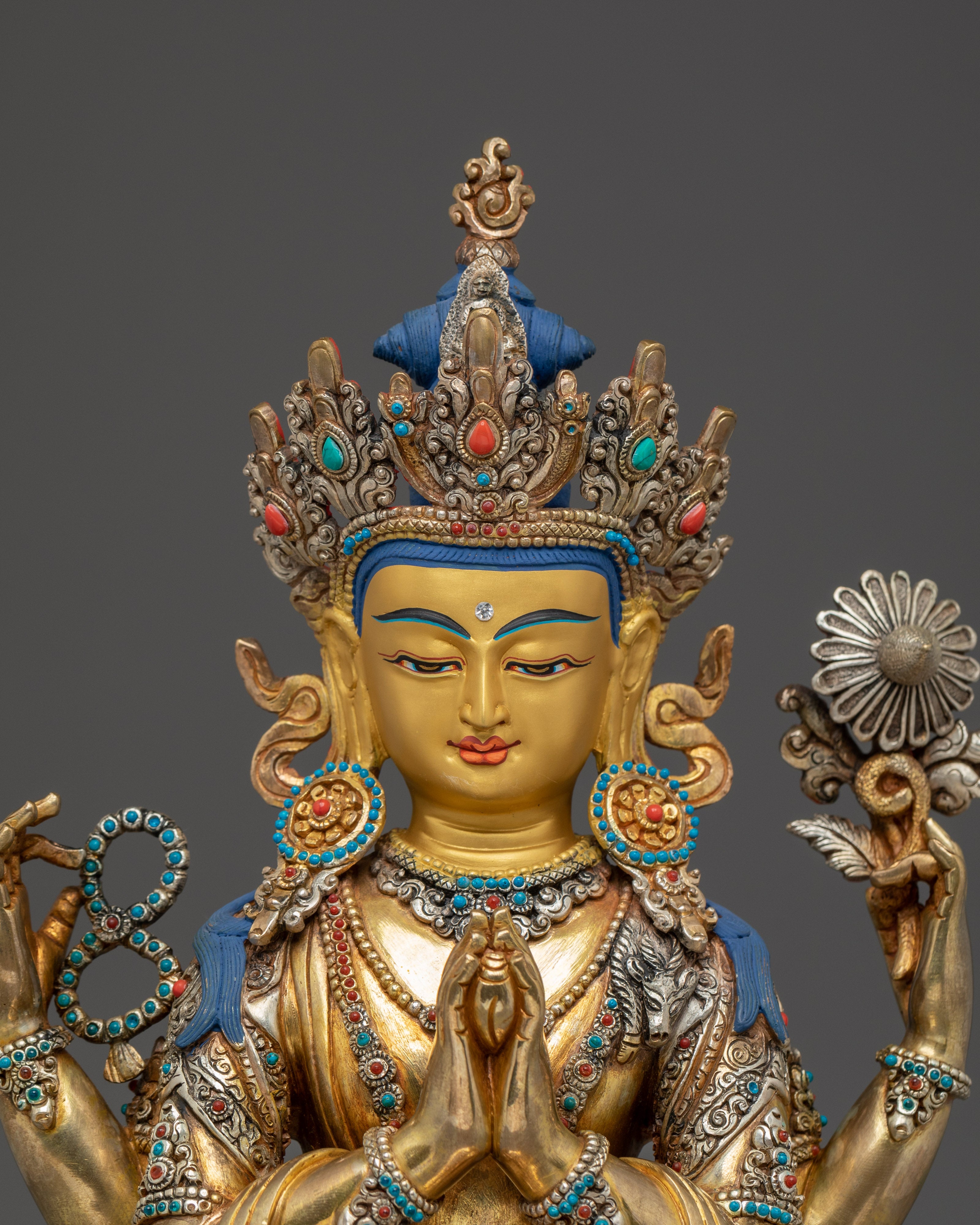 Graceful Golden Chenrezig Sculpture | Handcrafted Nepali Artwork