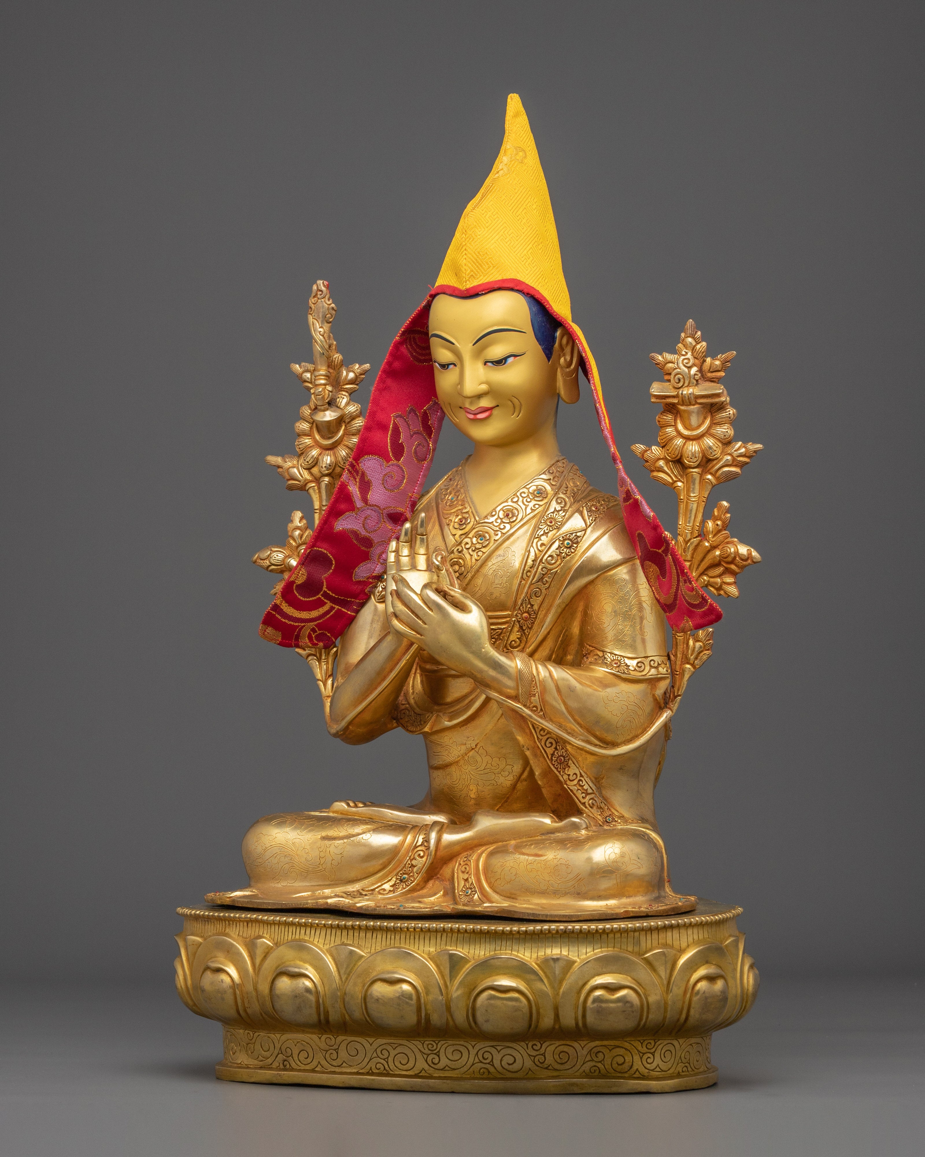 Buddhist Guru Tshongkhapa Statue | Golden Handmade Sculpture