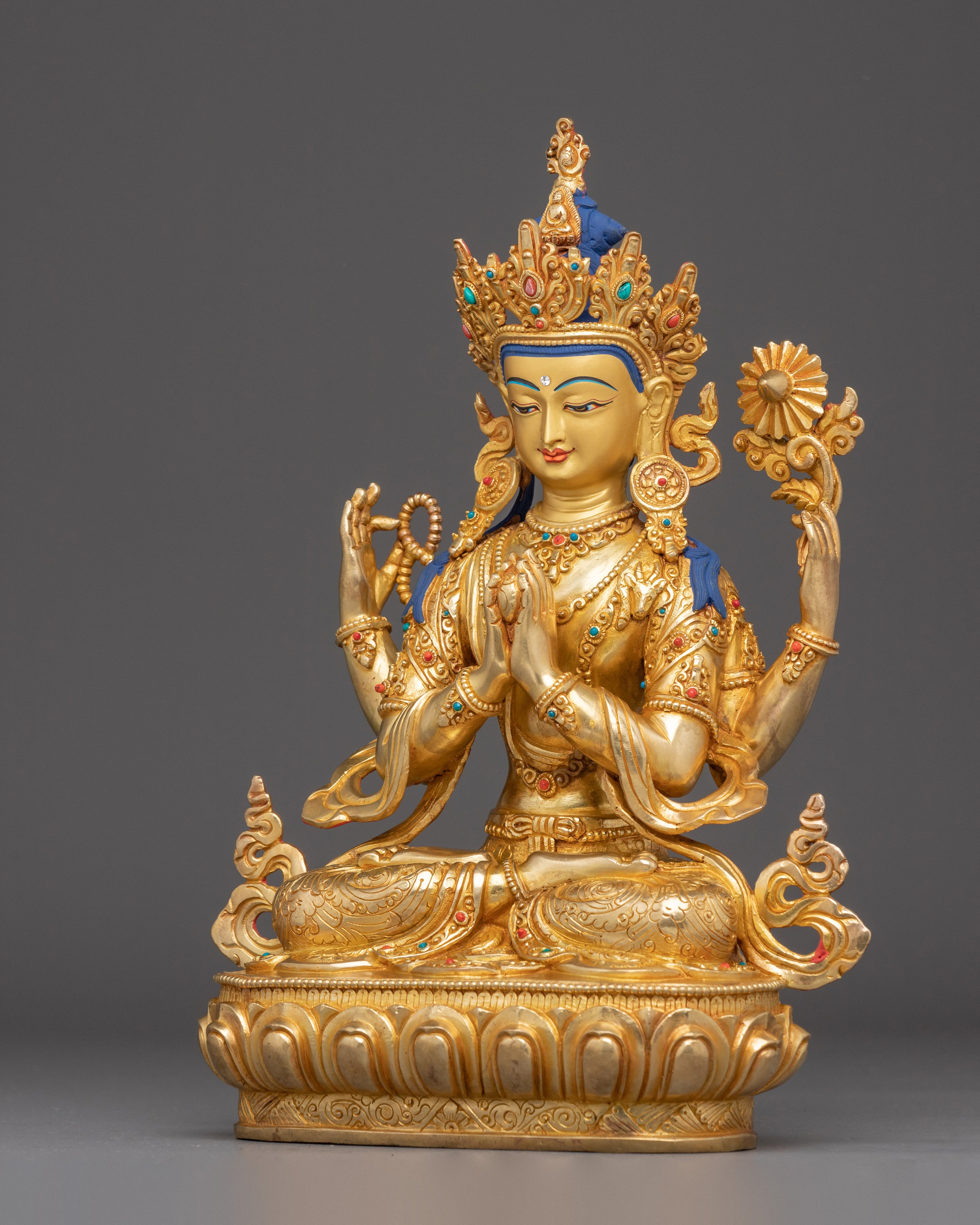 12.4 Inch Golden Chenrezig Statue | Bodhisattva of Wisdom