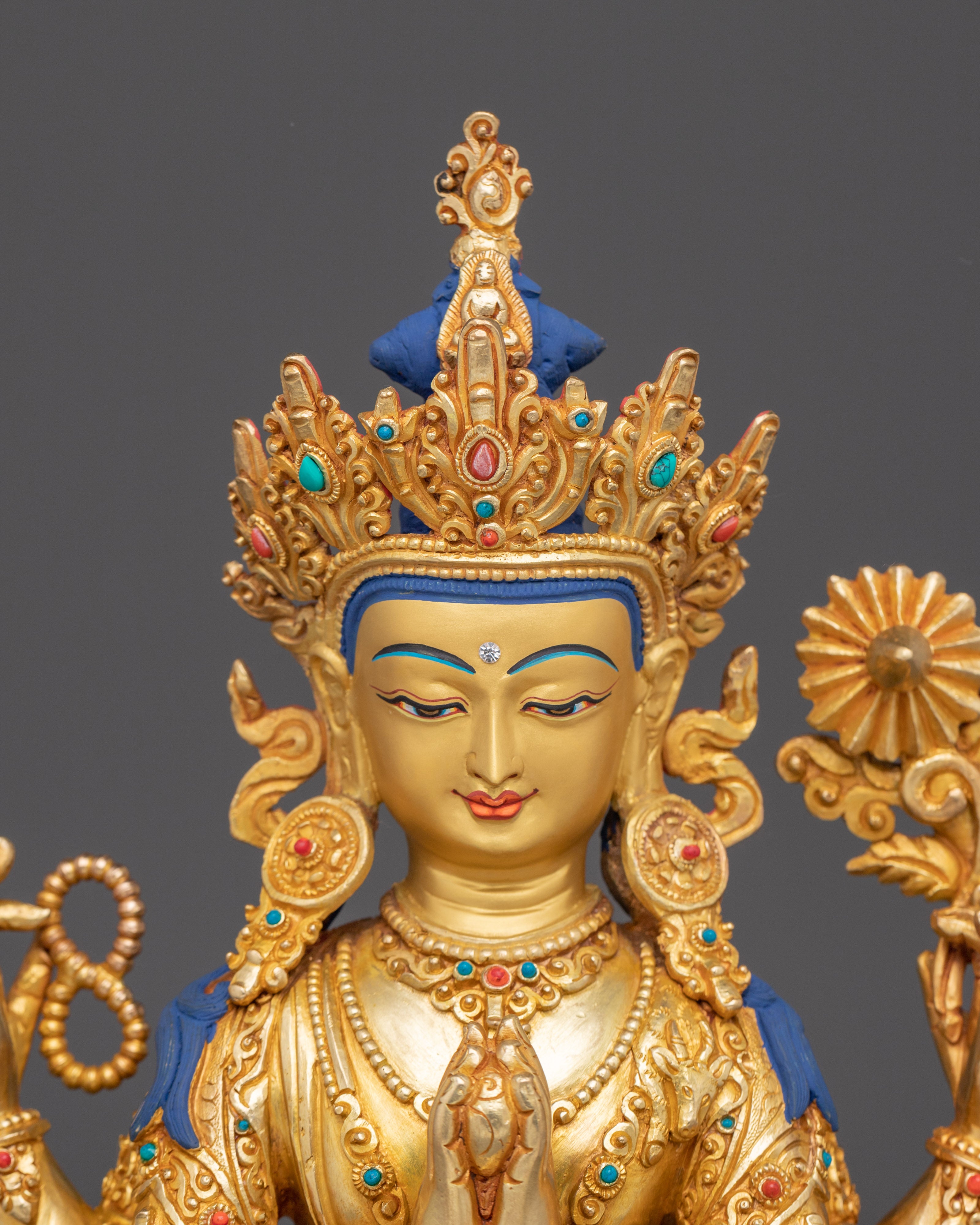 12.4 Inch Golden Chenrezig Statue | Bodhisattva of Wisdom