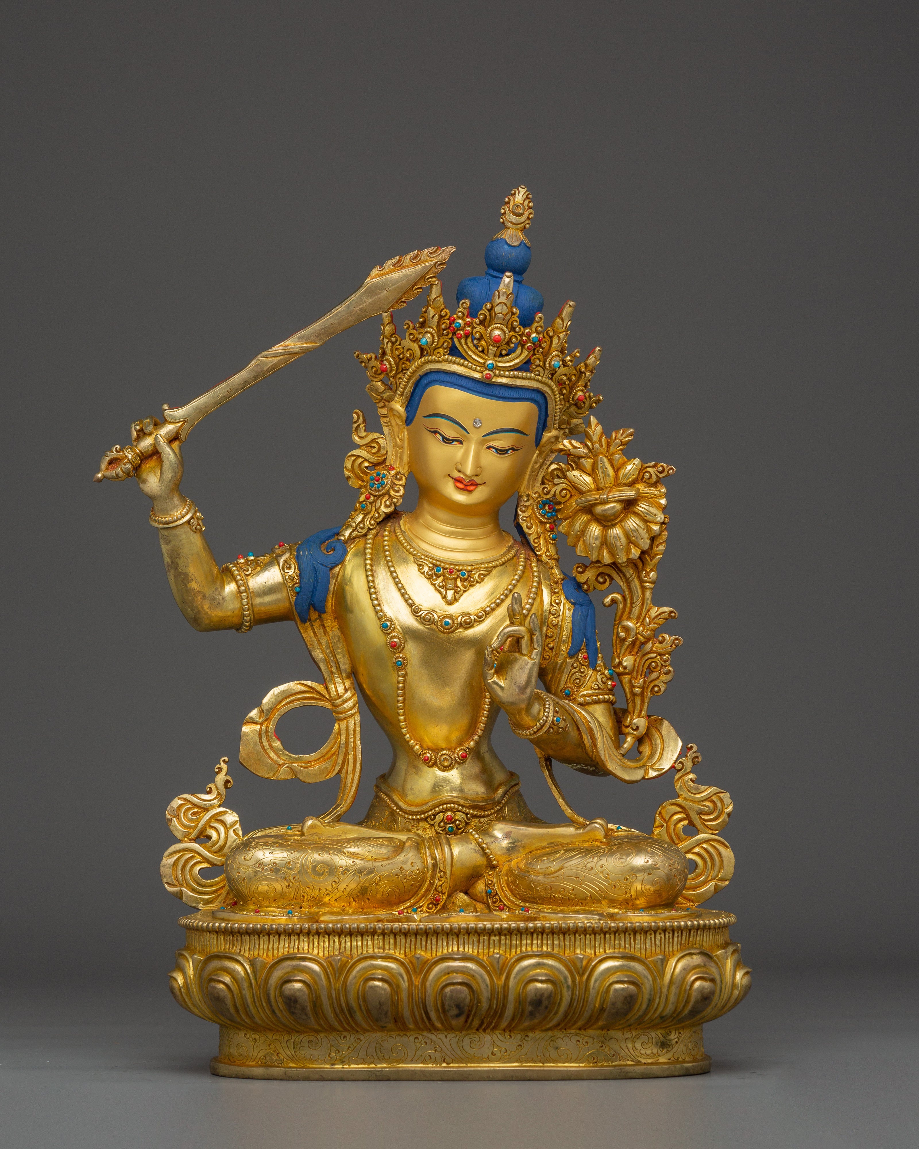 Manjushri, Wisdom Deity with Gold-Gilded Tibetan Artwork