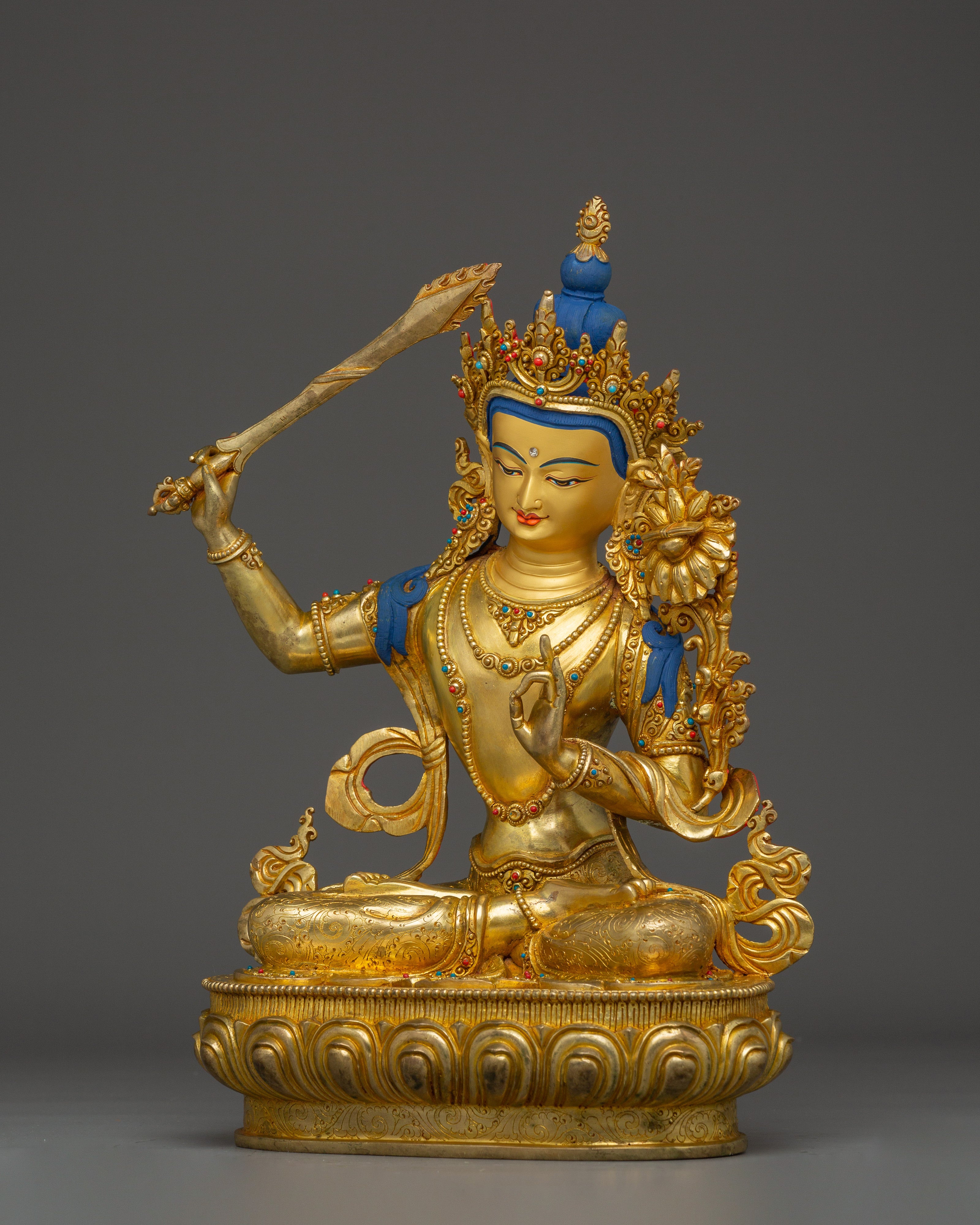 Manjushri, Wisdom Deity with Gold-Gilded Tibetan Artwork