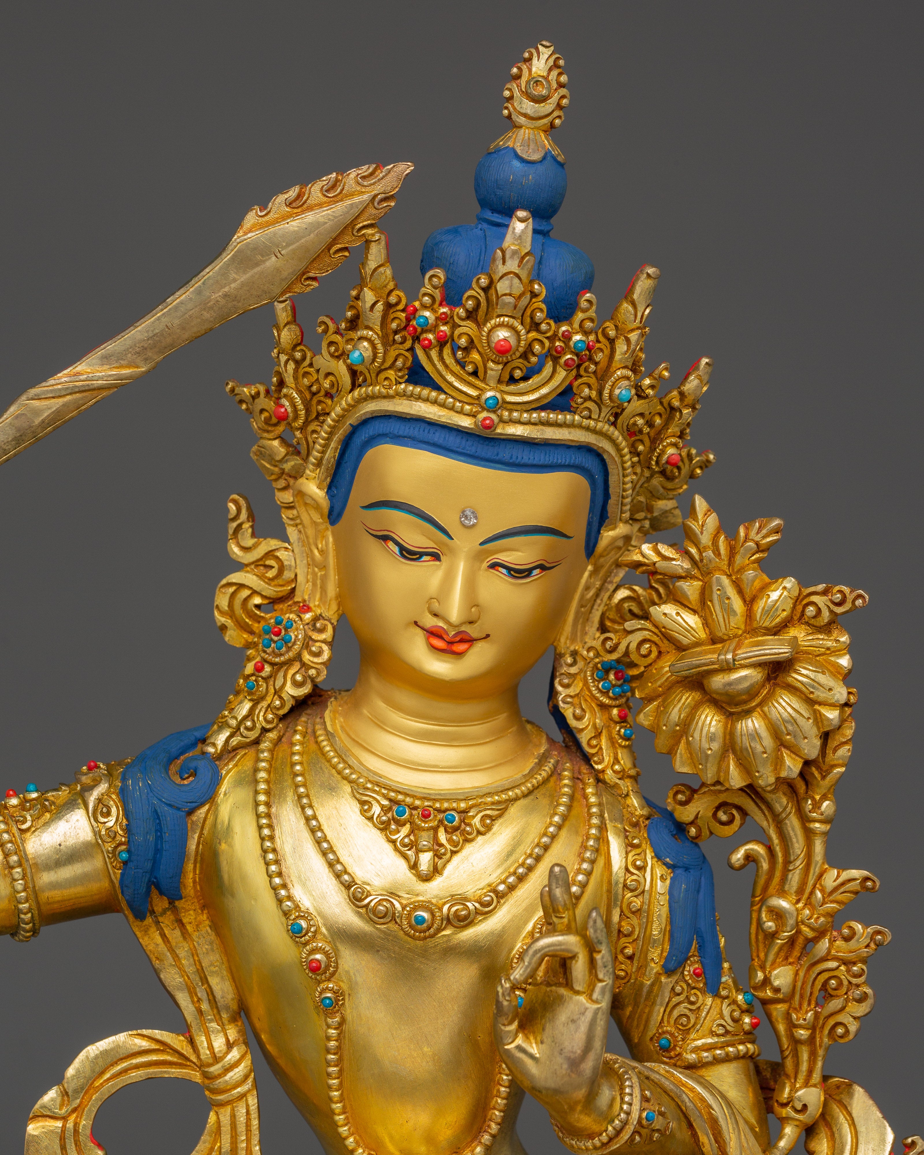 Manjushri, Wisdom Deity with Gold-Gilded Tibetan Artwork