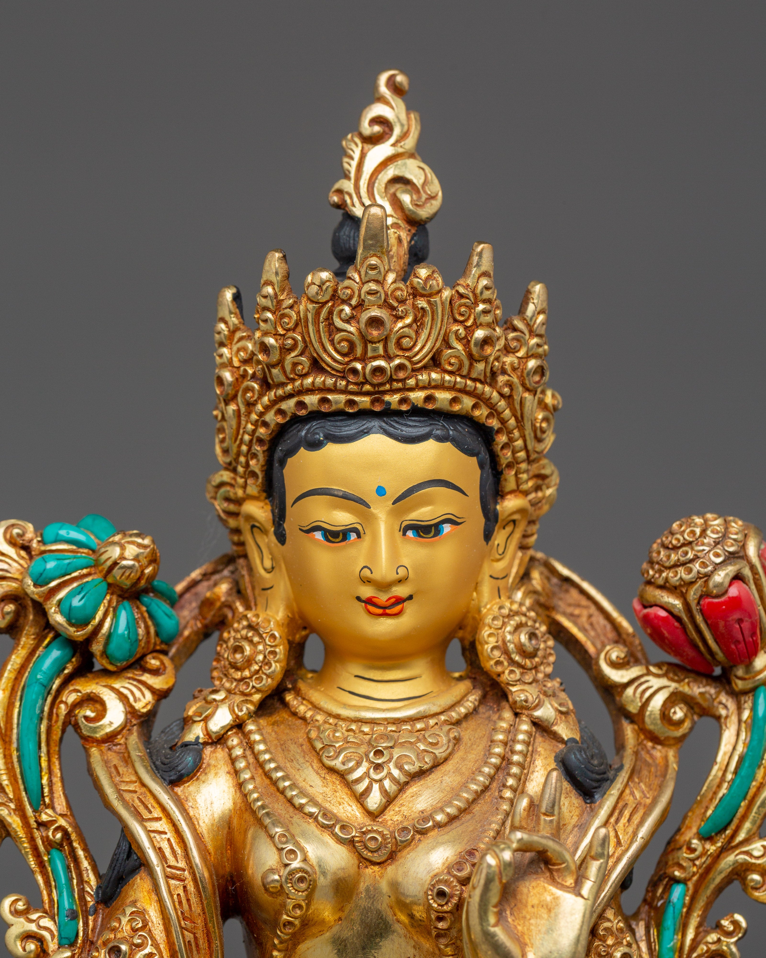 Golden Green Tara on Throne | Himalayan Handcrafted Icon