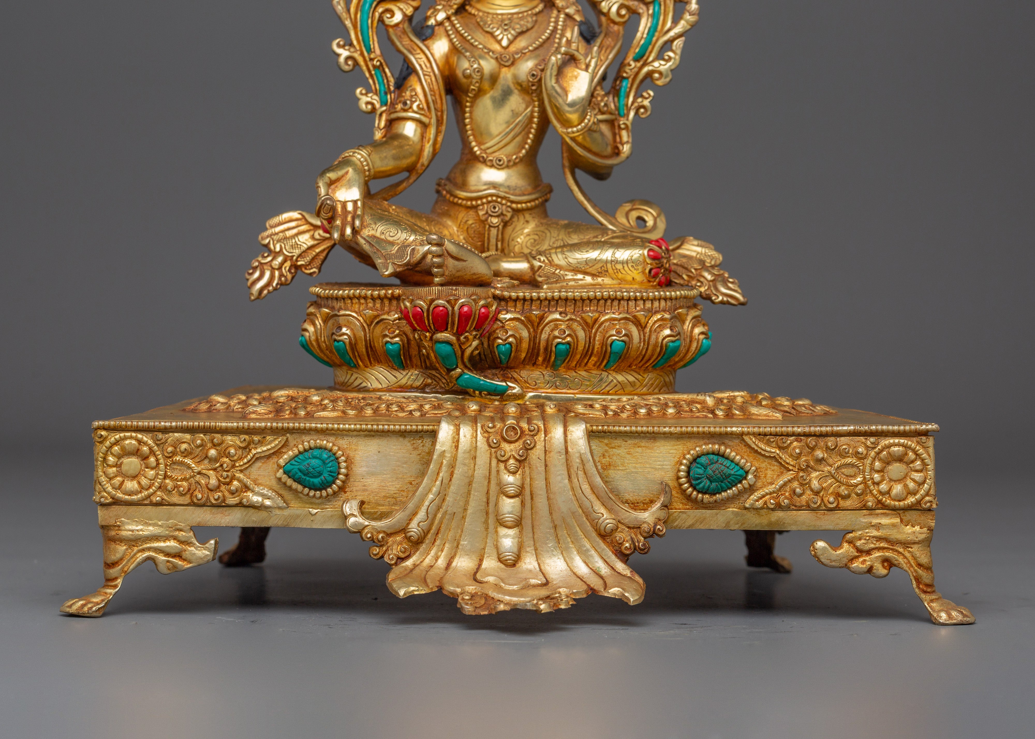 Golden Green Tara on Throne | Himalayan Handcrafted Icon