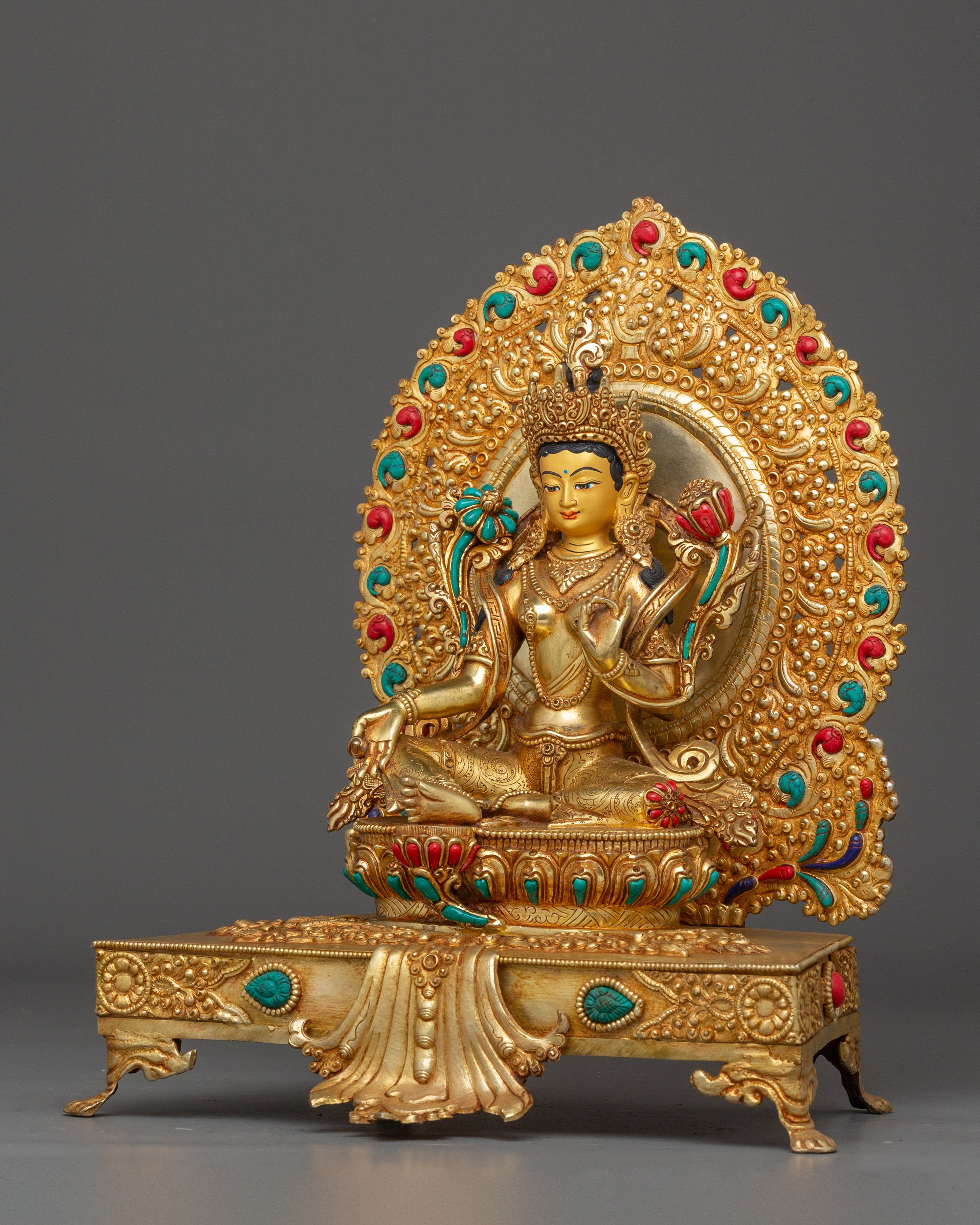 Golden Green Tara on Throne | Himalayan Handcrafted Icon