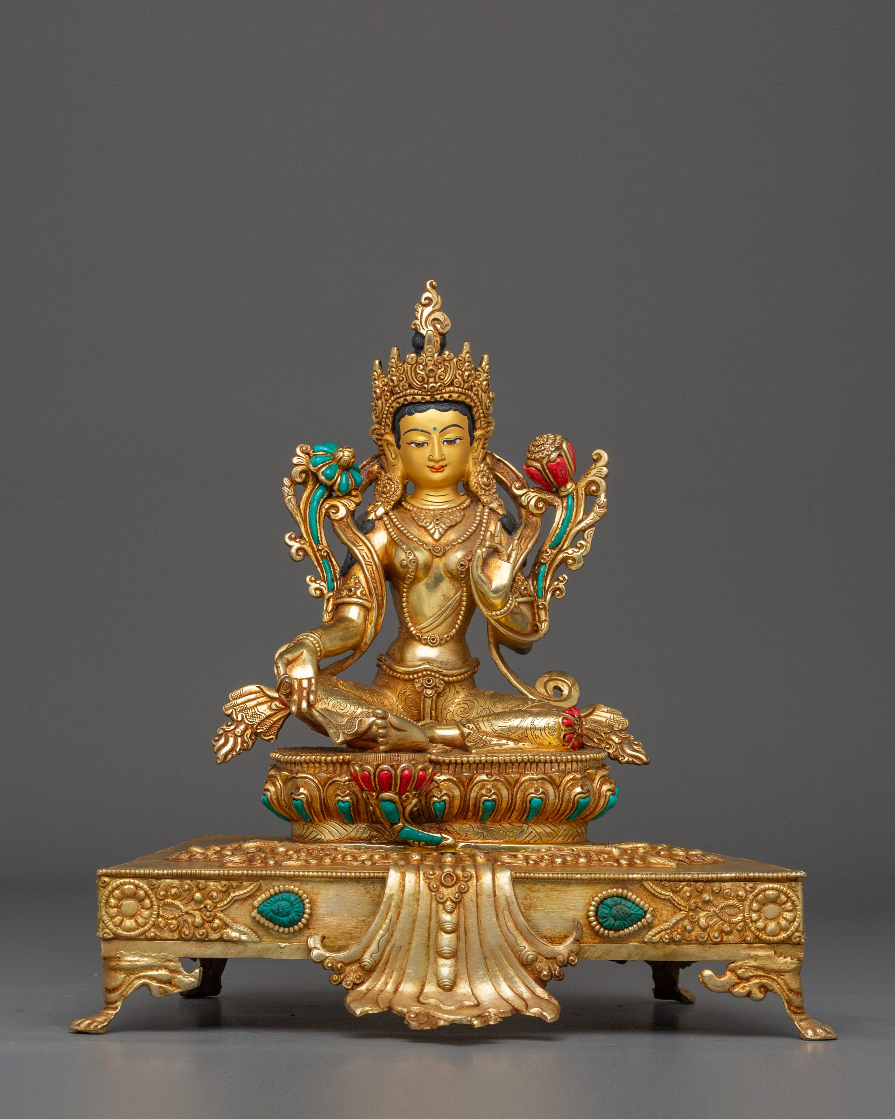 Golden Green Tara on Throne | Himalayan Handcrafted Icon