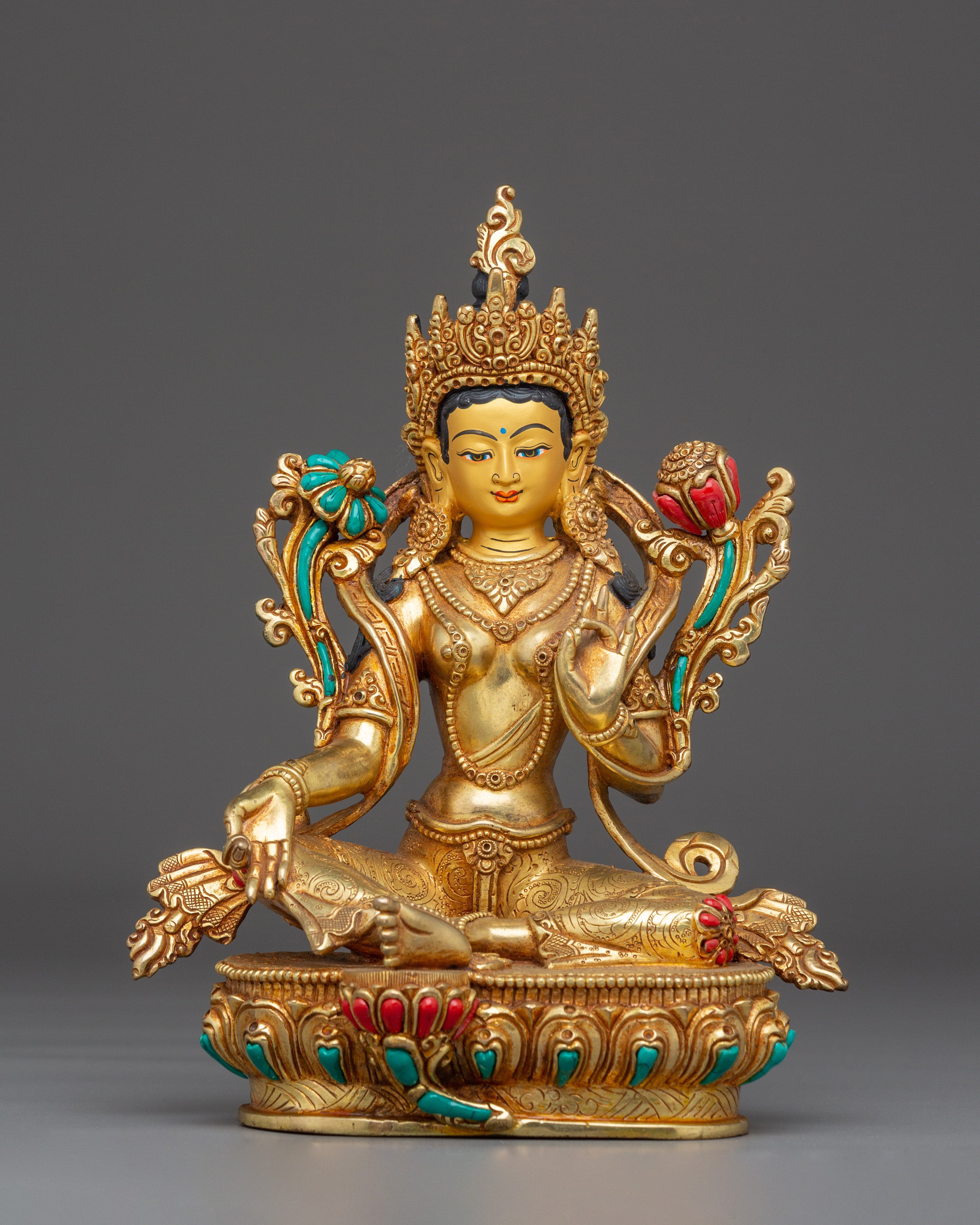 Golden Green Tara on Throne | Himalayan Handcrafted Icon