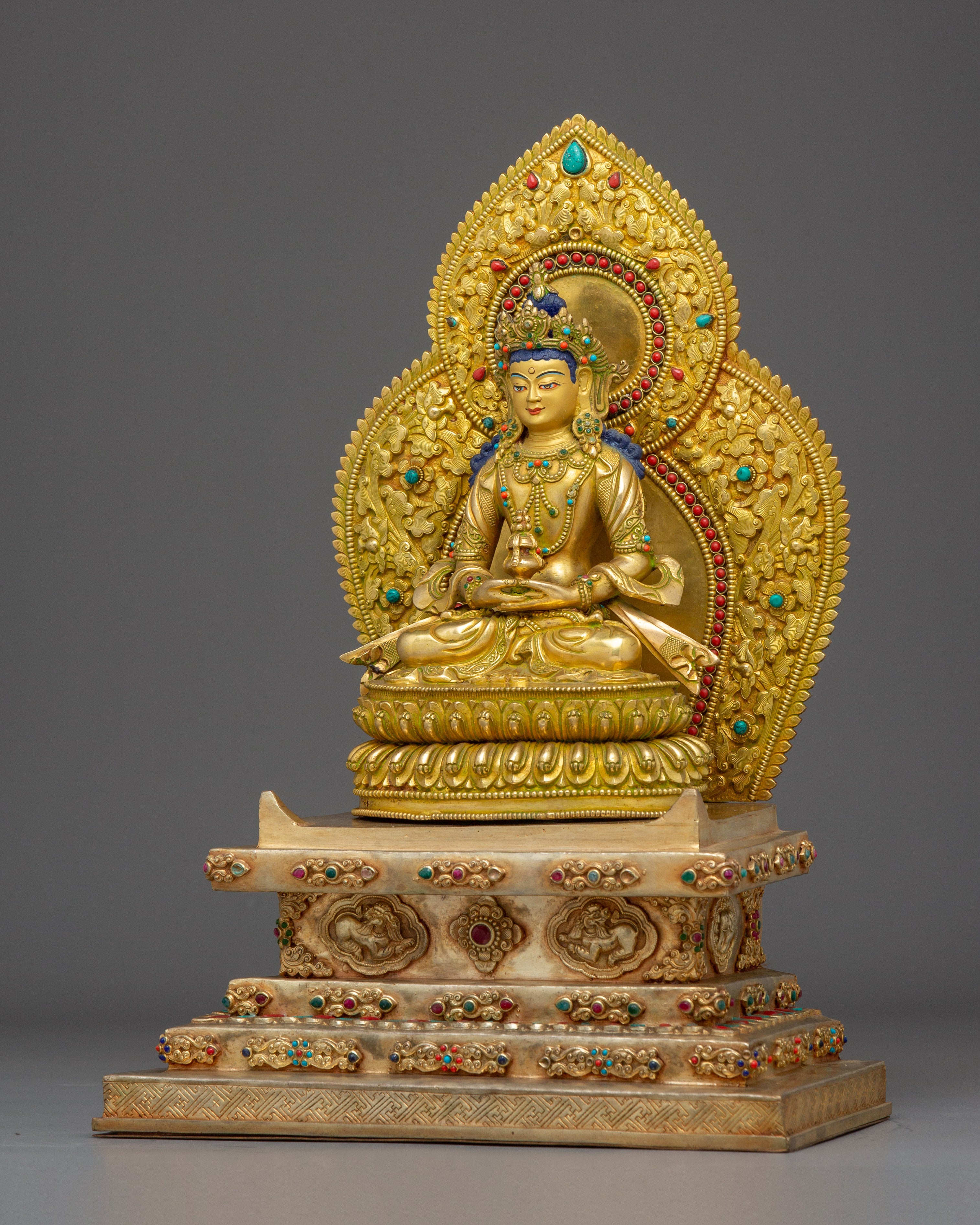 Statue Of Amitayus With Throne: Tibetan Buddhist Longevity Deity