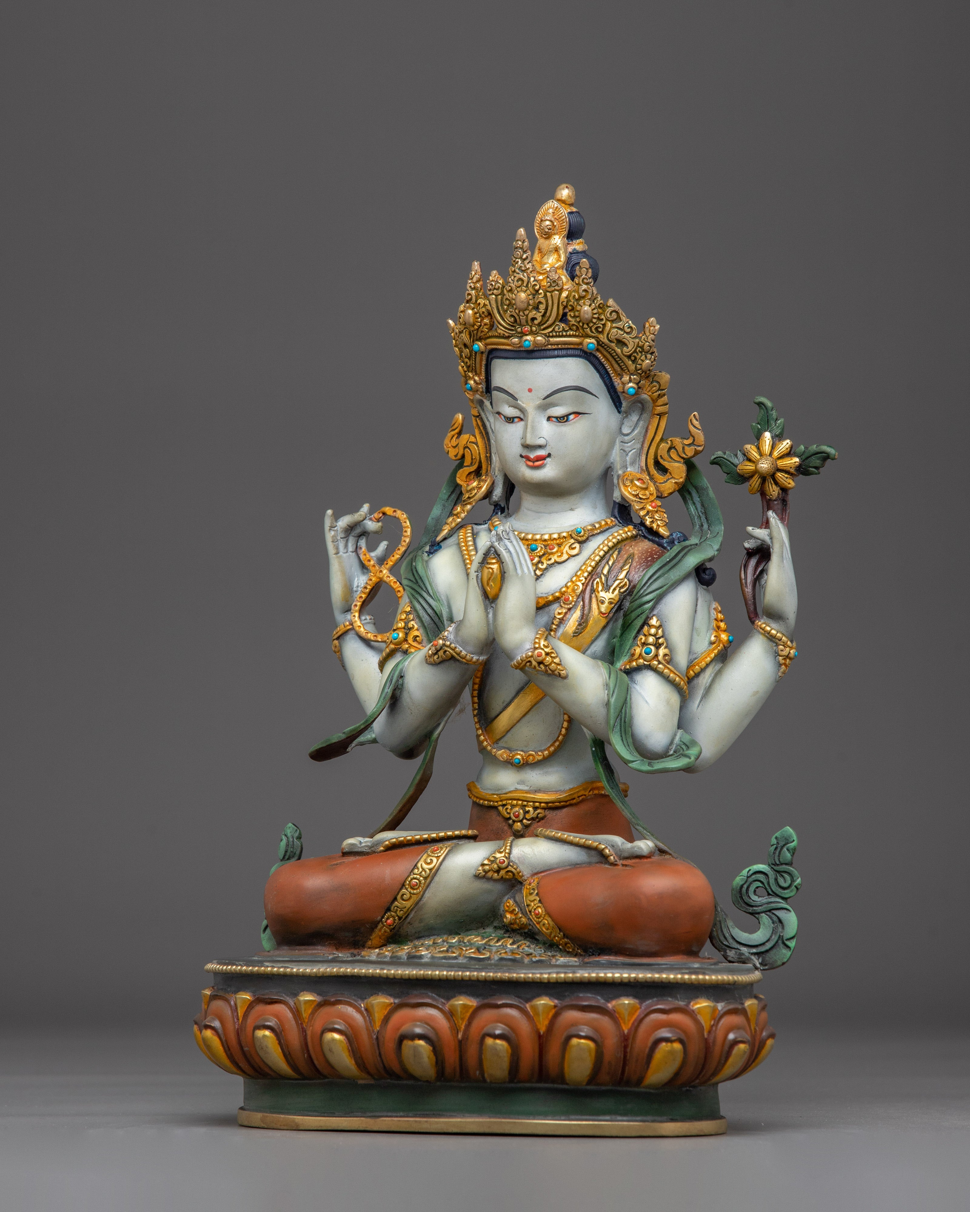 Chenrezig, Sacred Avalokiteshvara Idol | Gold Gilded Himalayan Art