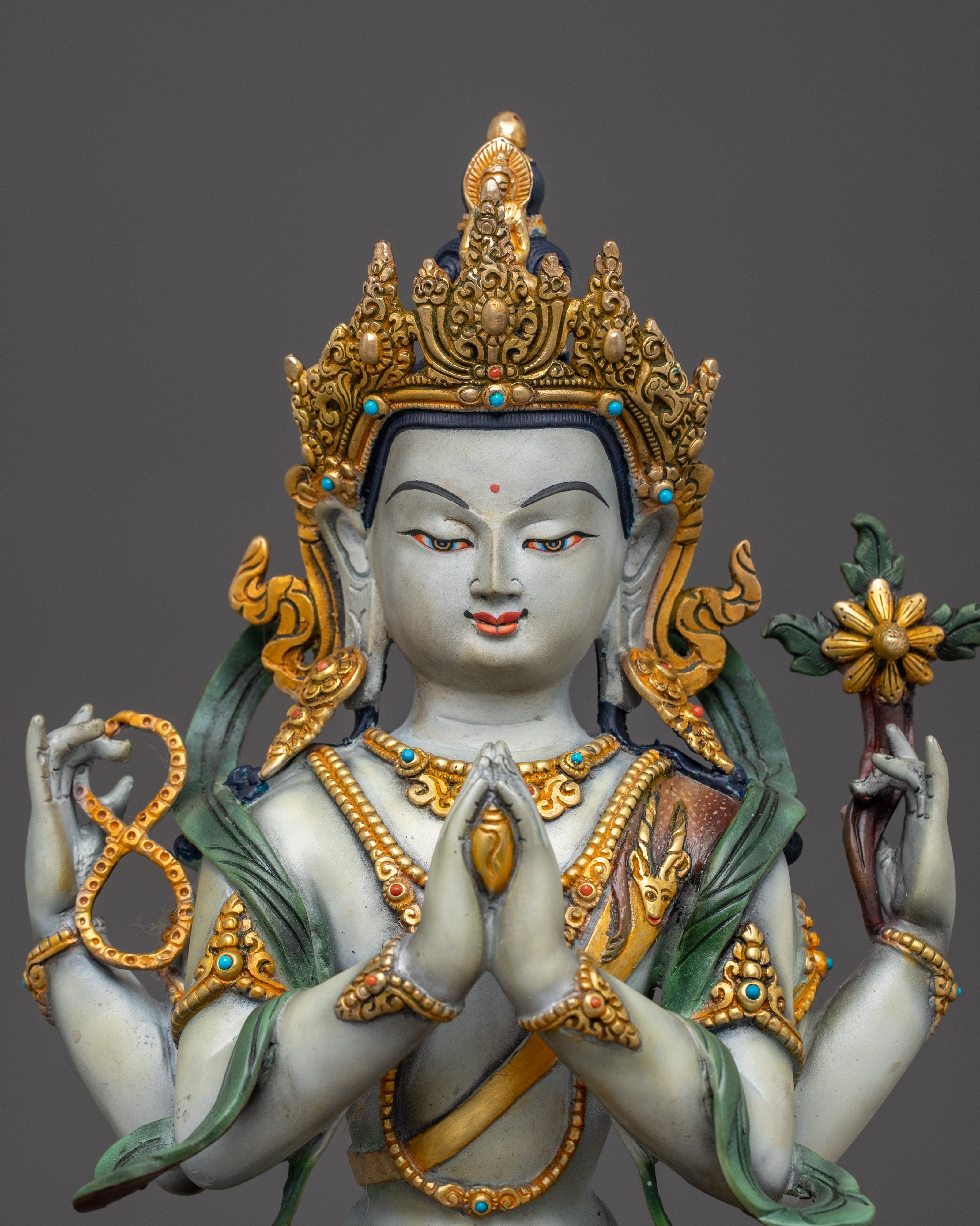 Chenrezig, Sacred Avalokiteshvara Idol | Gold Gilded Himalayan Art