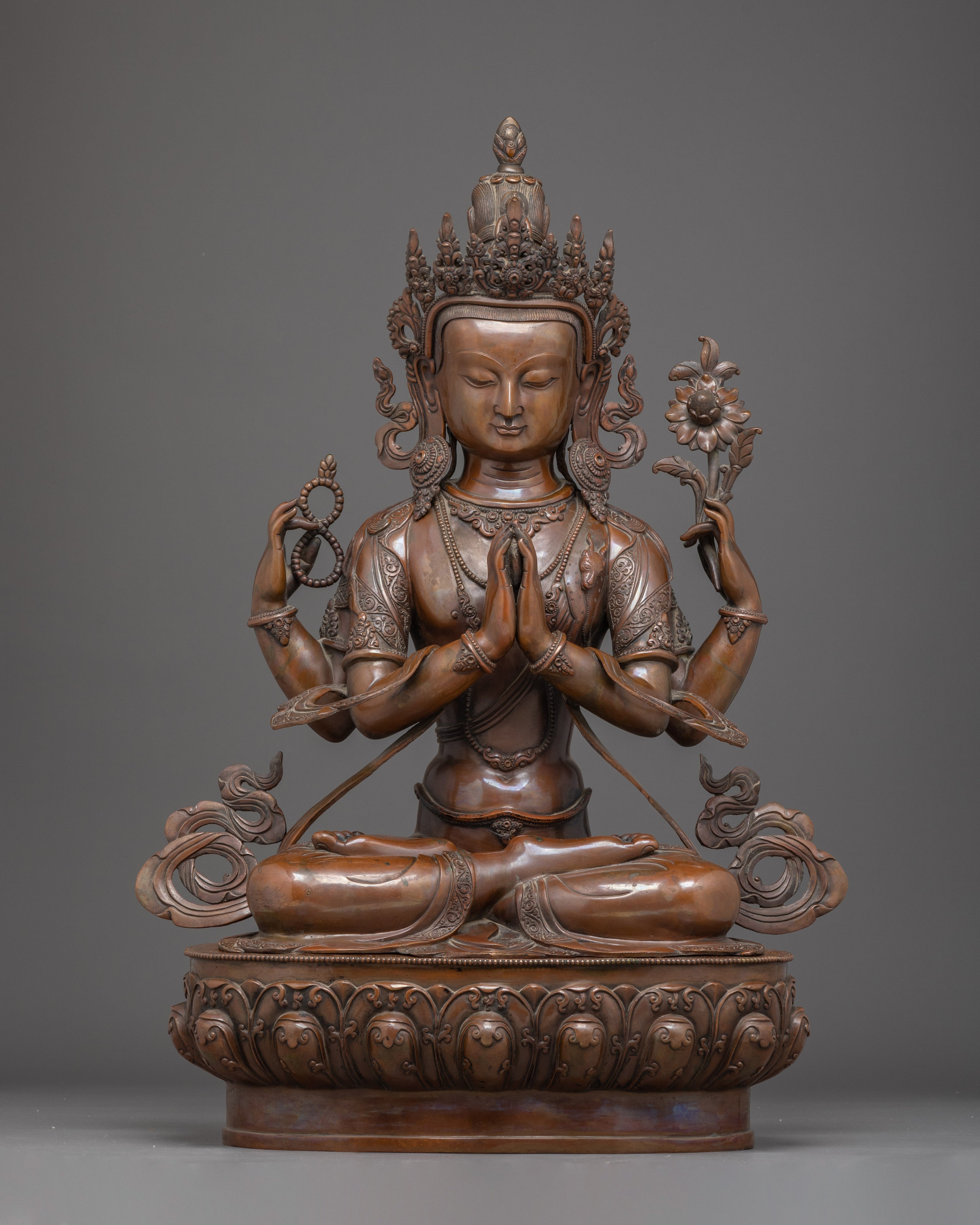 Oxidized Copper Statue of Bodhisattva Chenrezig