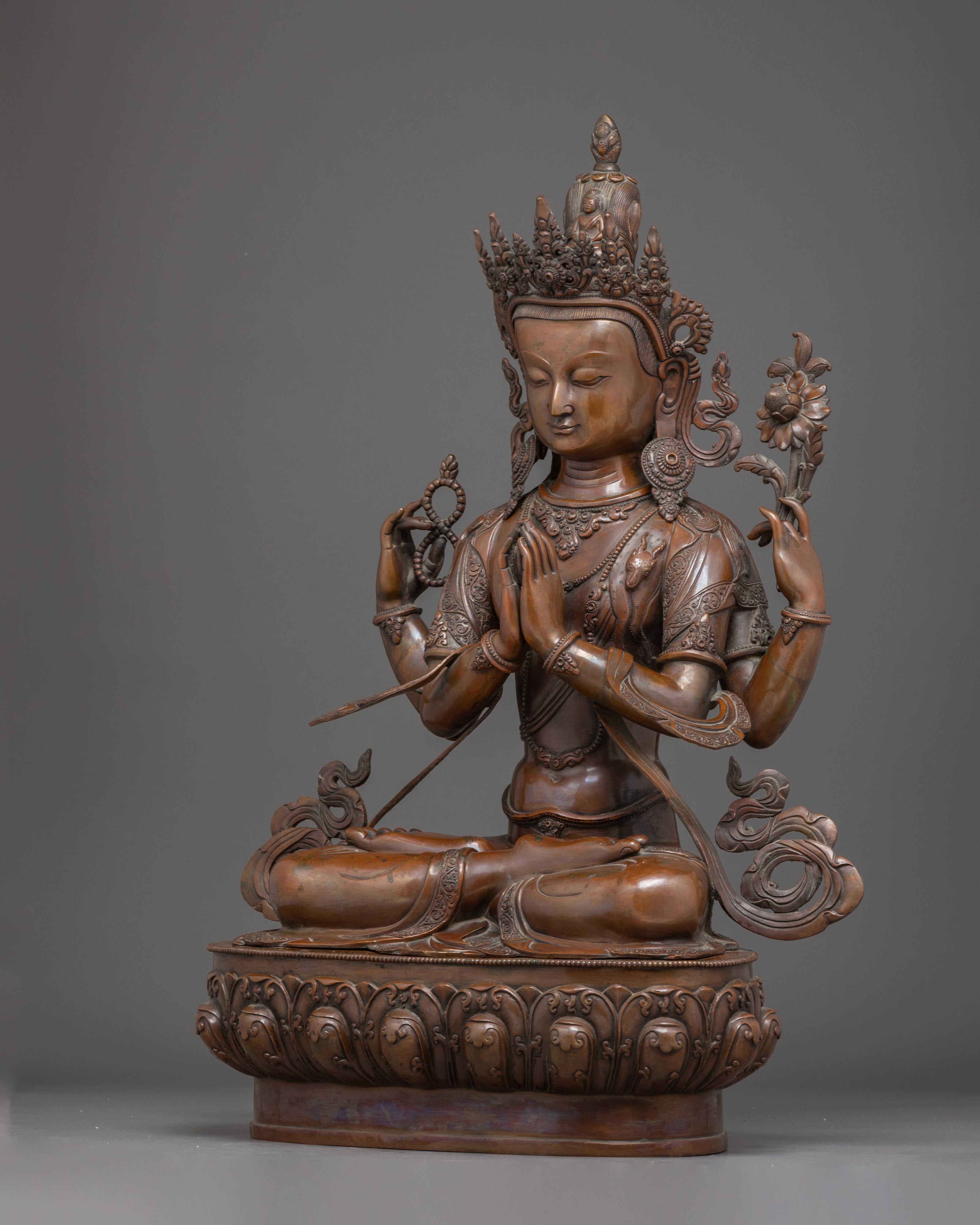 Handmade Oxidized Copper Statue of Bodhisattva Chenrezig