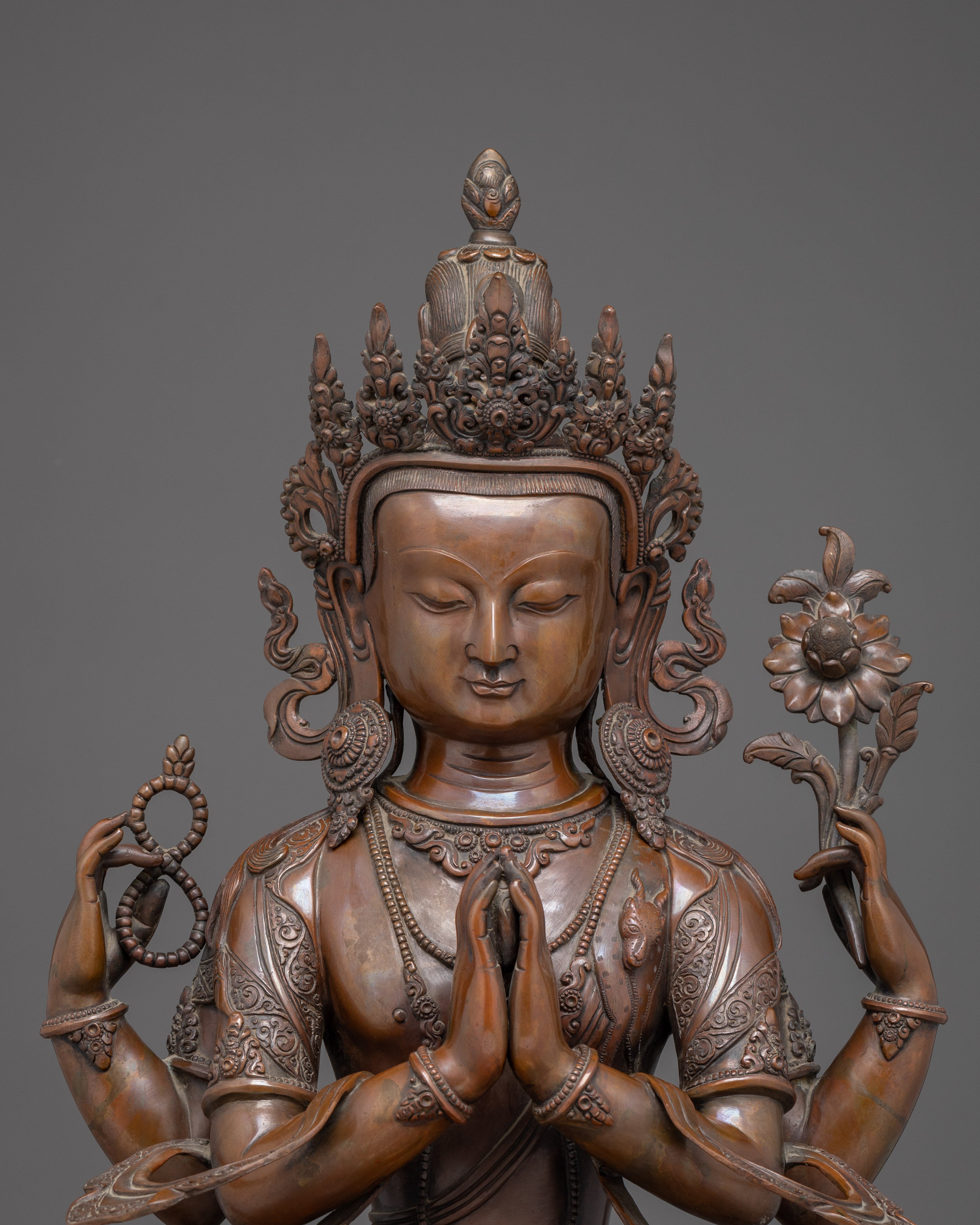 Handmade Oxidized Copper Statue of Bodhisattva Chenrezig