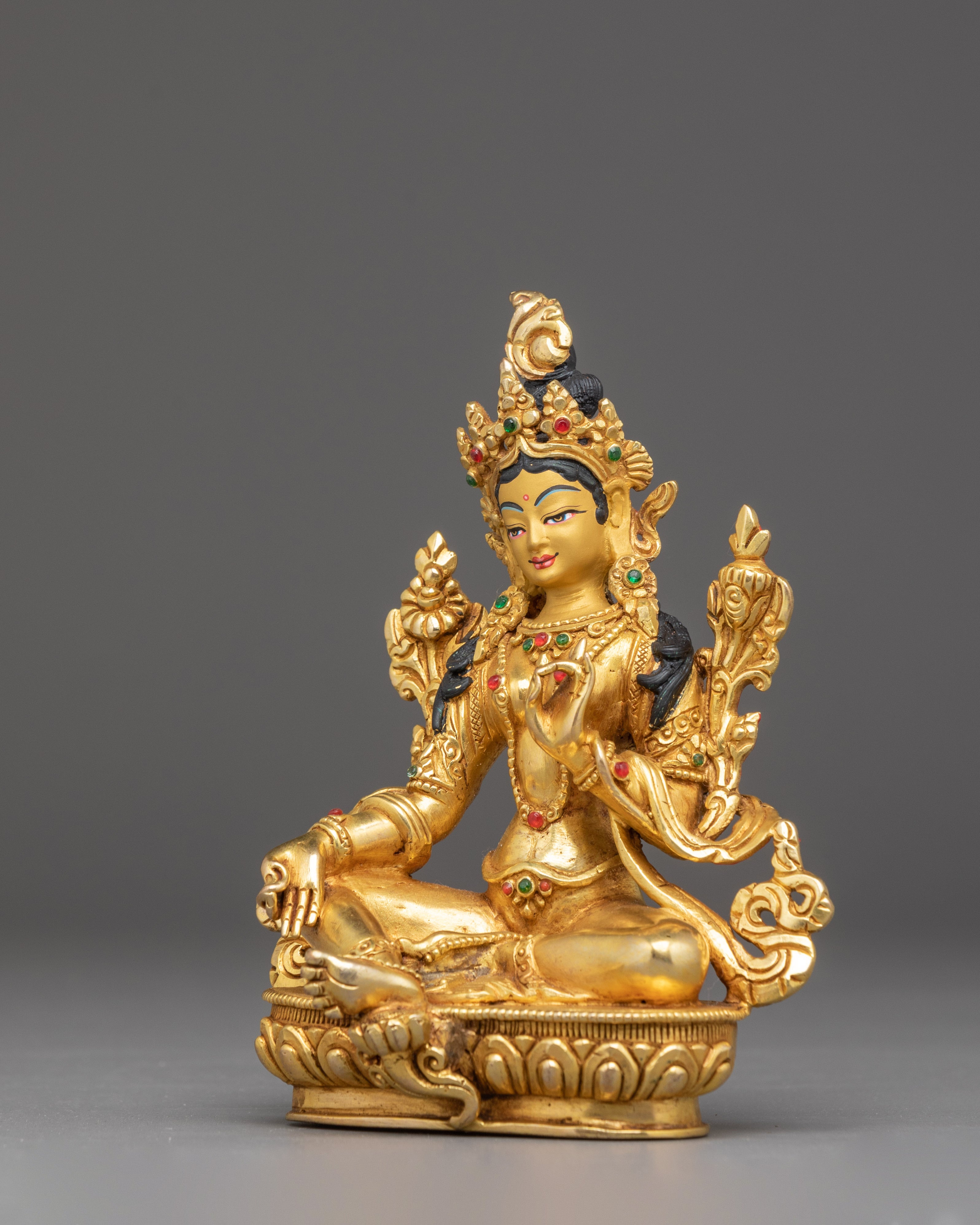 5.5 Inches Golden Green Tara Statue | Nepali Handcrafted Artwork