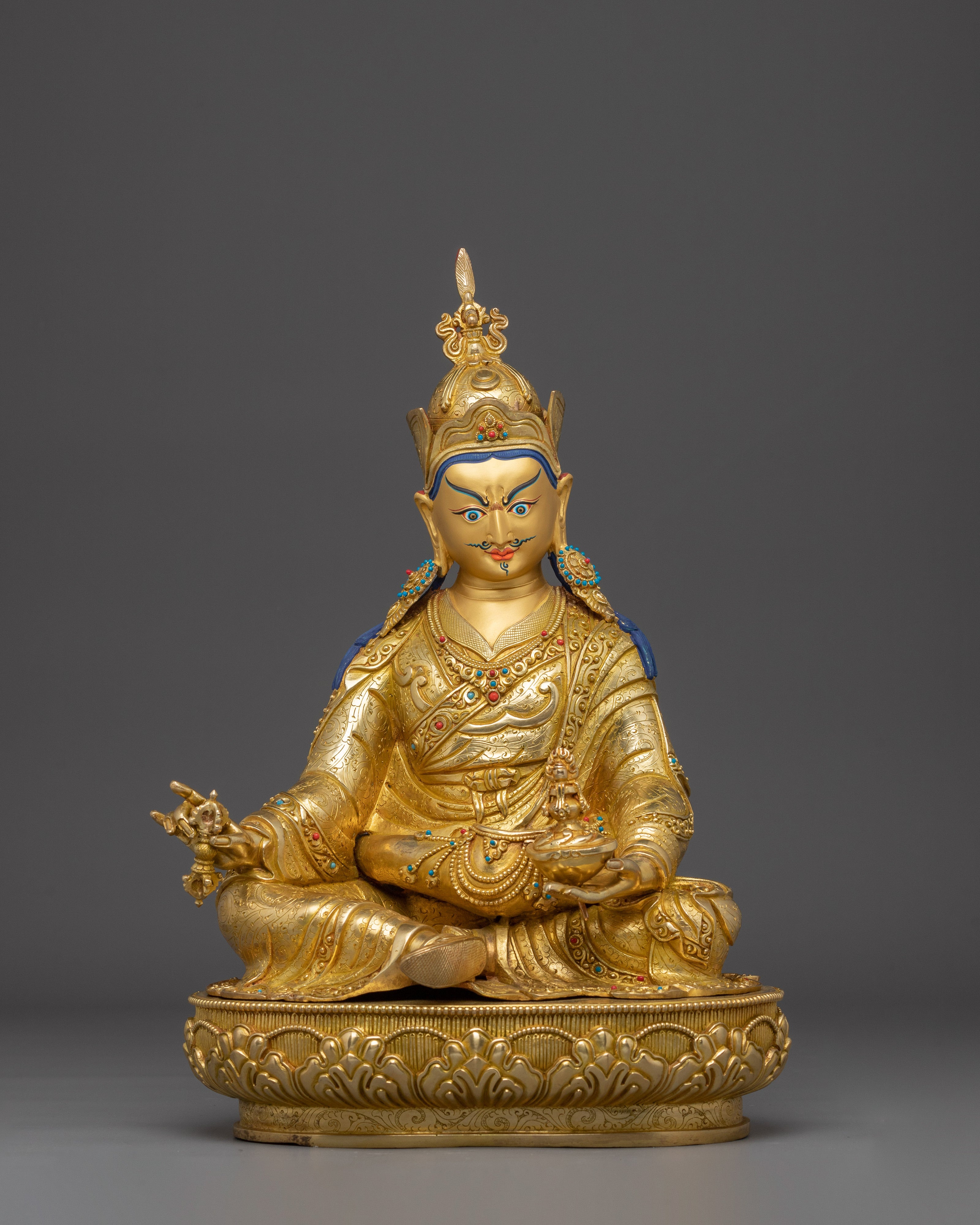 15.75 Inches Guru rinpoche with Consort Statue | Nepali Gold Gilded Art