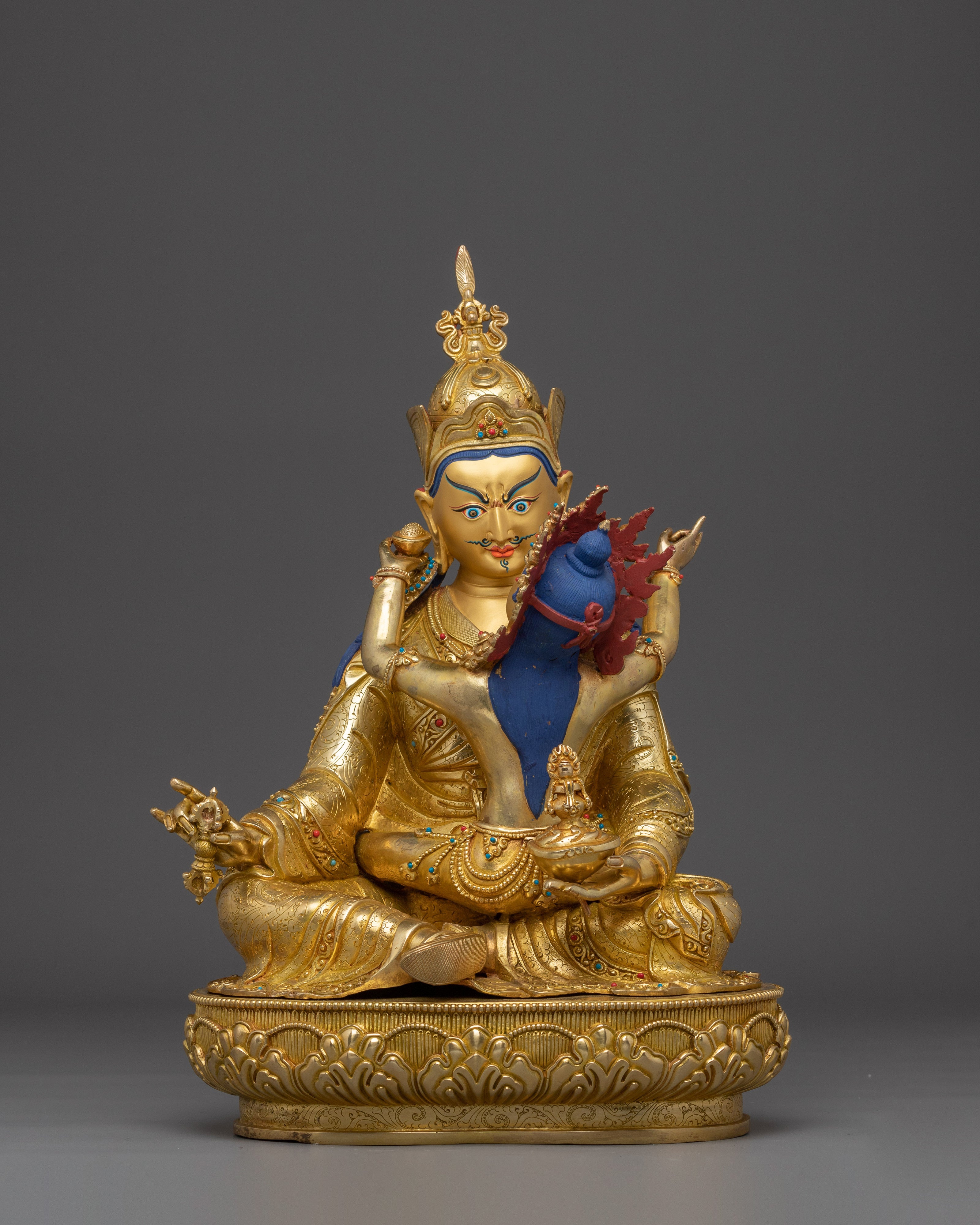 15.75 Inches Guru rinpoche with Consort Statue | Nepali Gold Gilded Art