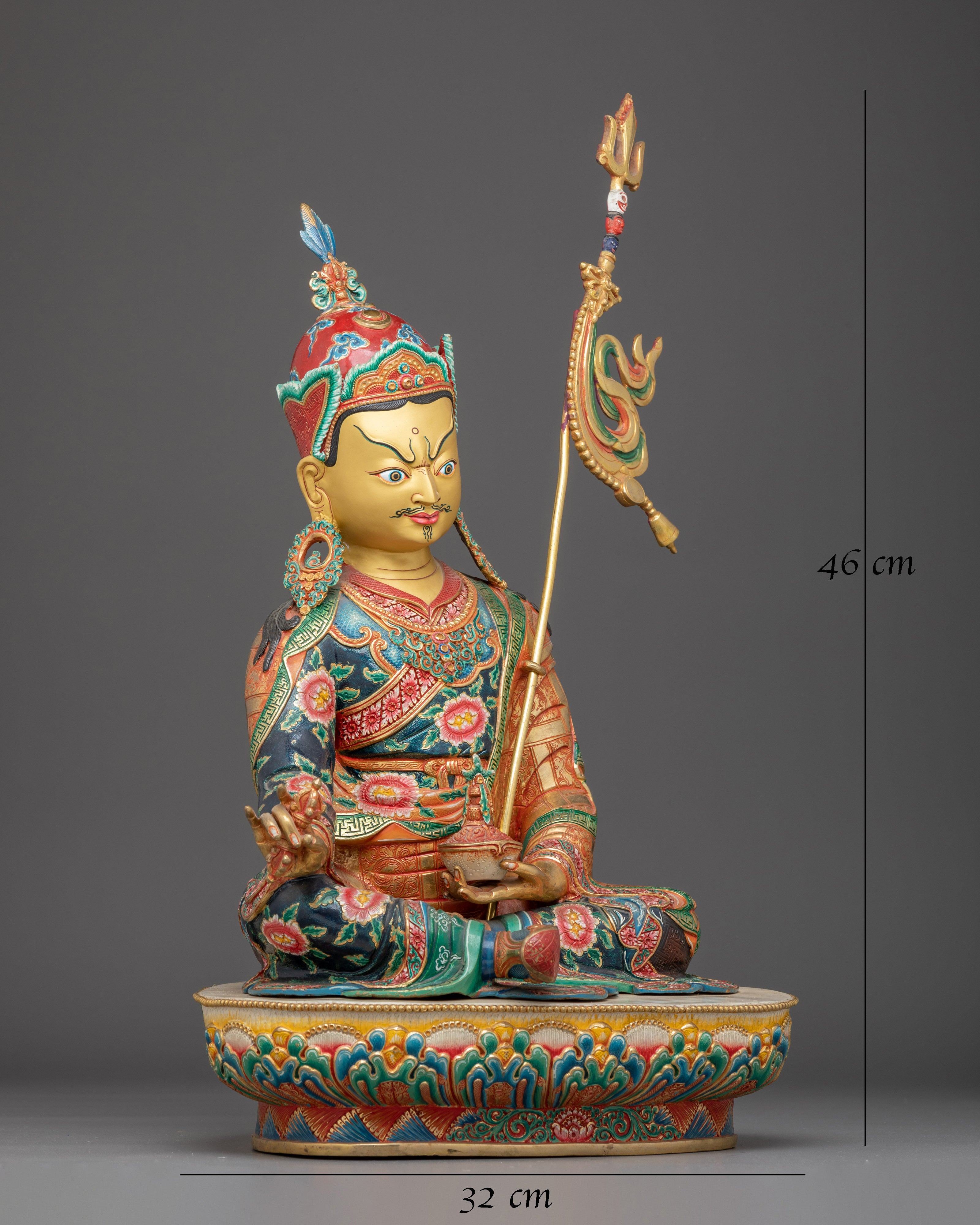 Colorful Guru Rinpoche Statue in 24K Gold