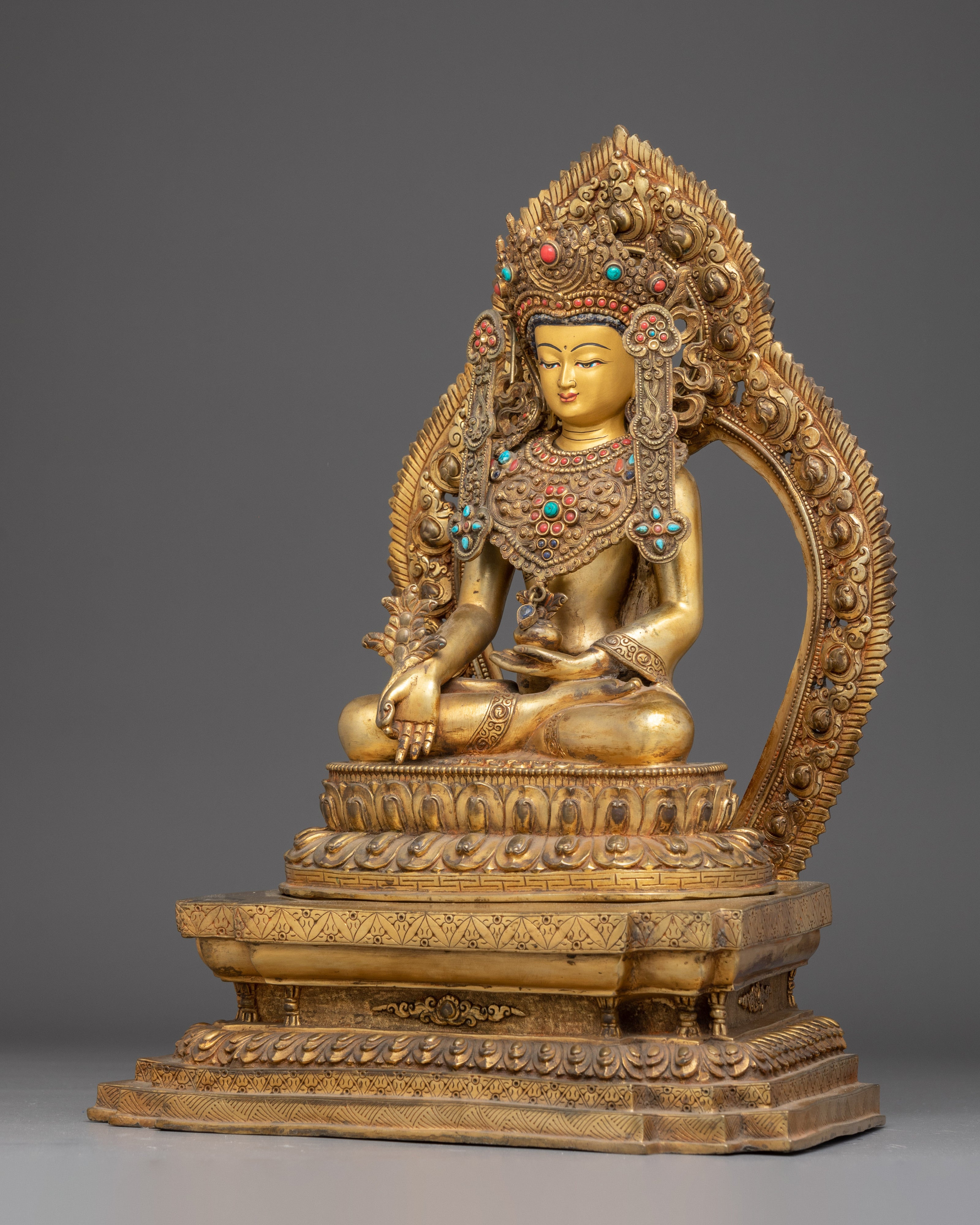 Gold Gilded Copper Medicine Buddha Art - Healing Deity in Buddhism