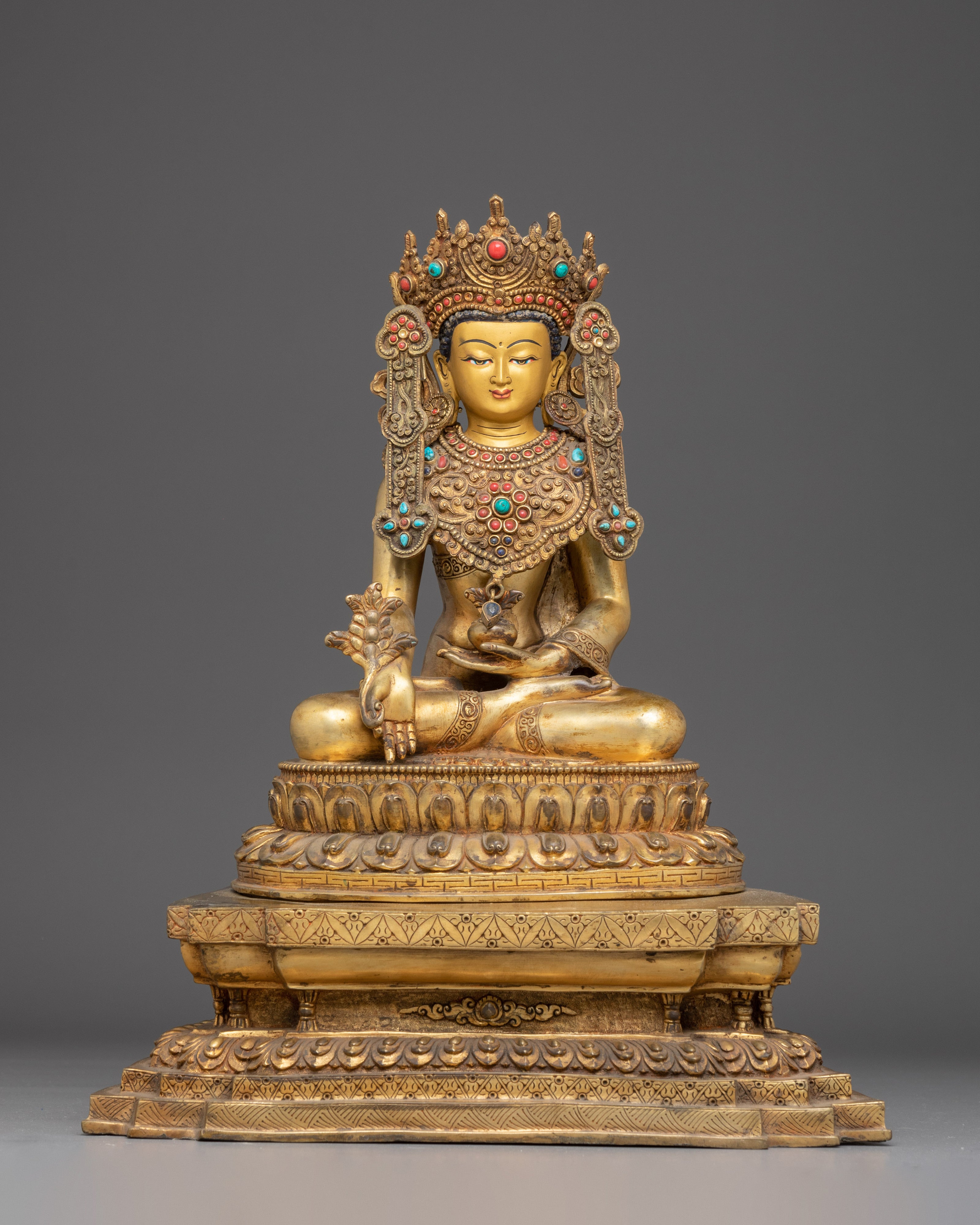 Gold Gilded Copper Medicine Buddha Art - Healing Deity in Buddhism