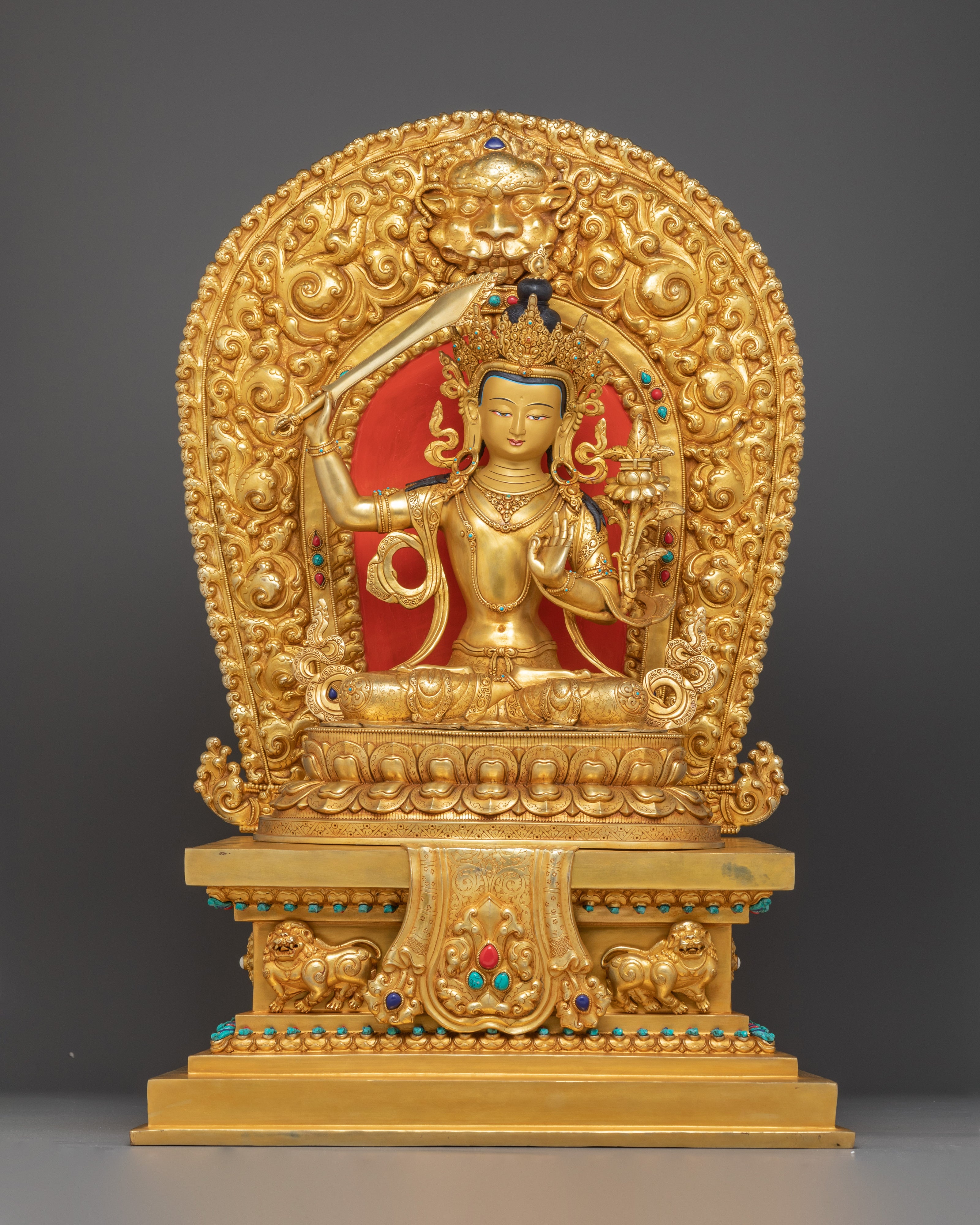 Manjushri Statue on Throne | 24K Gold Gilded Wisdom Deity