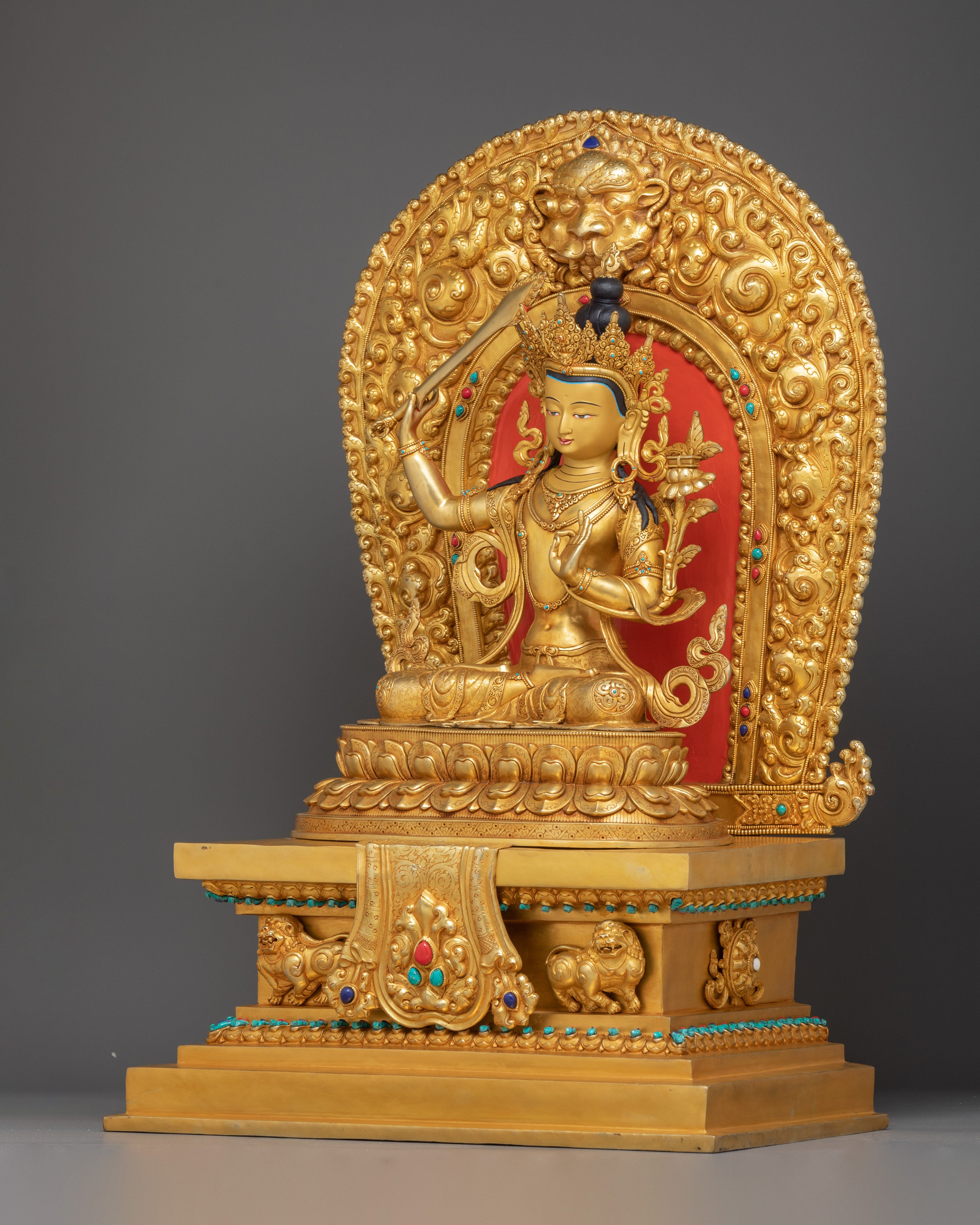 Manjushri Statue on Throne | 24K Gold Gilded Wisdom Deity