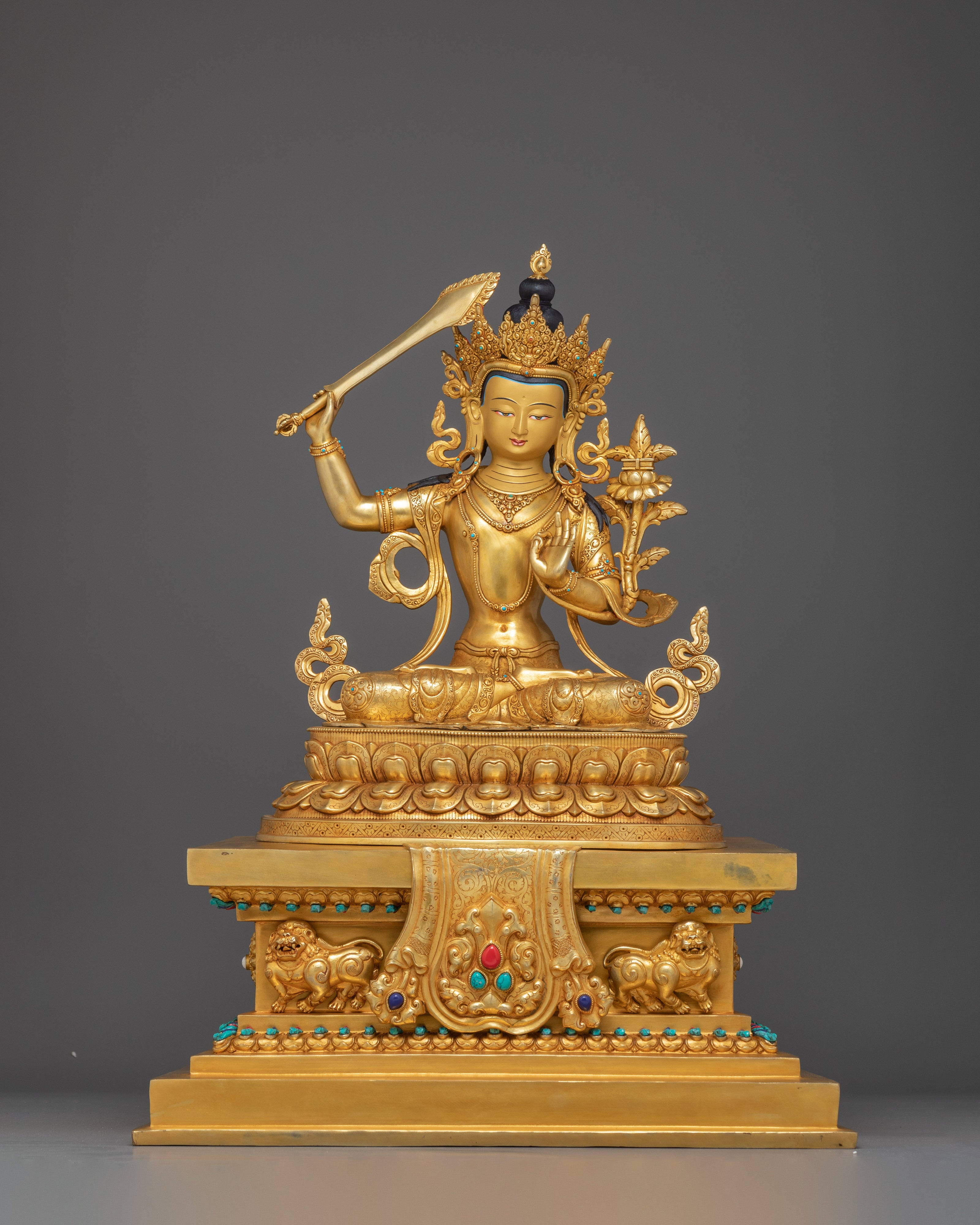 Manjushri Statue on Throne | 24K Gold Gilded Wisdom Deity
