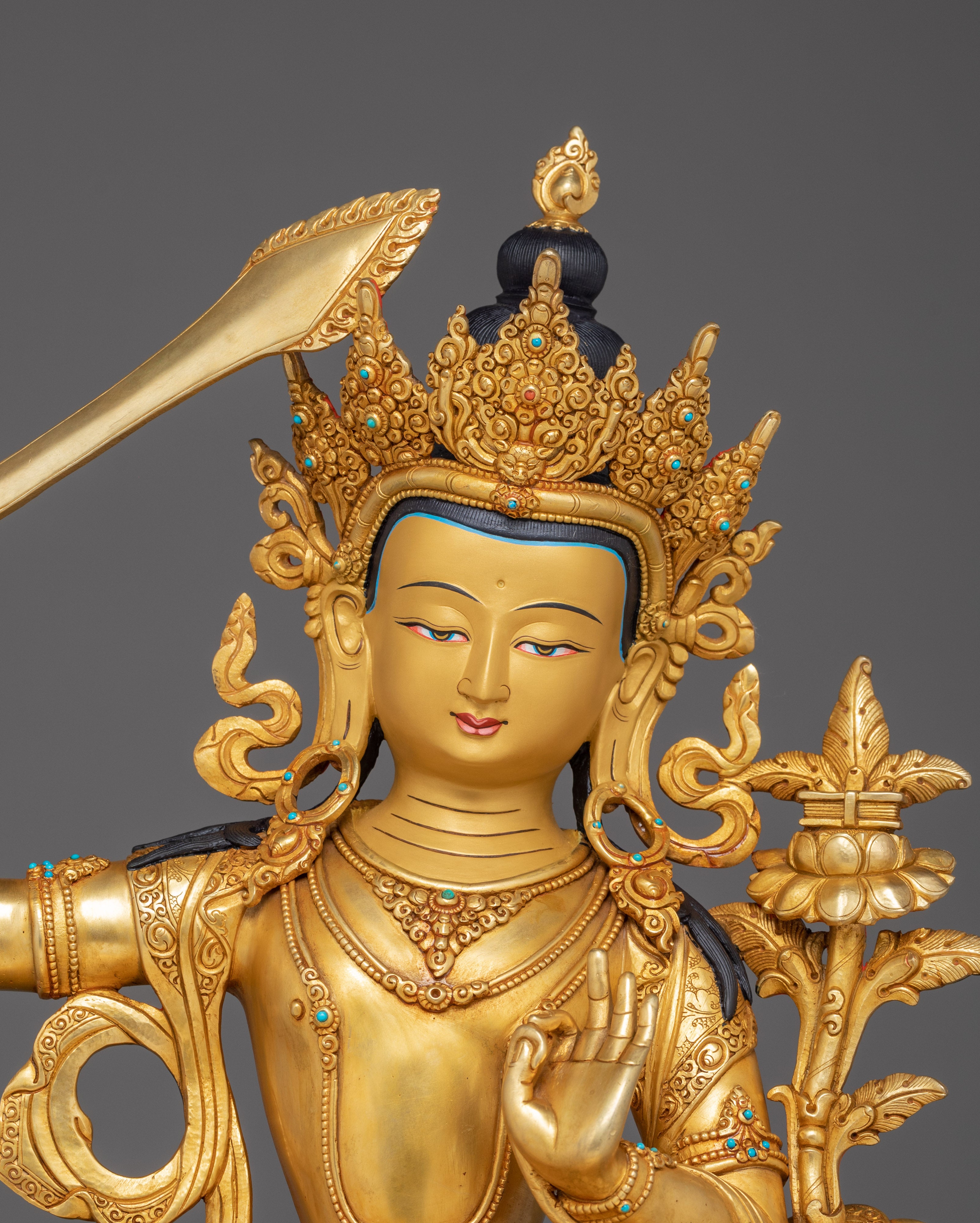 Manjushri Statue on Throne | 24K Gold Gilded Wisdom Deity