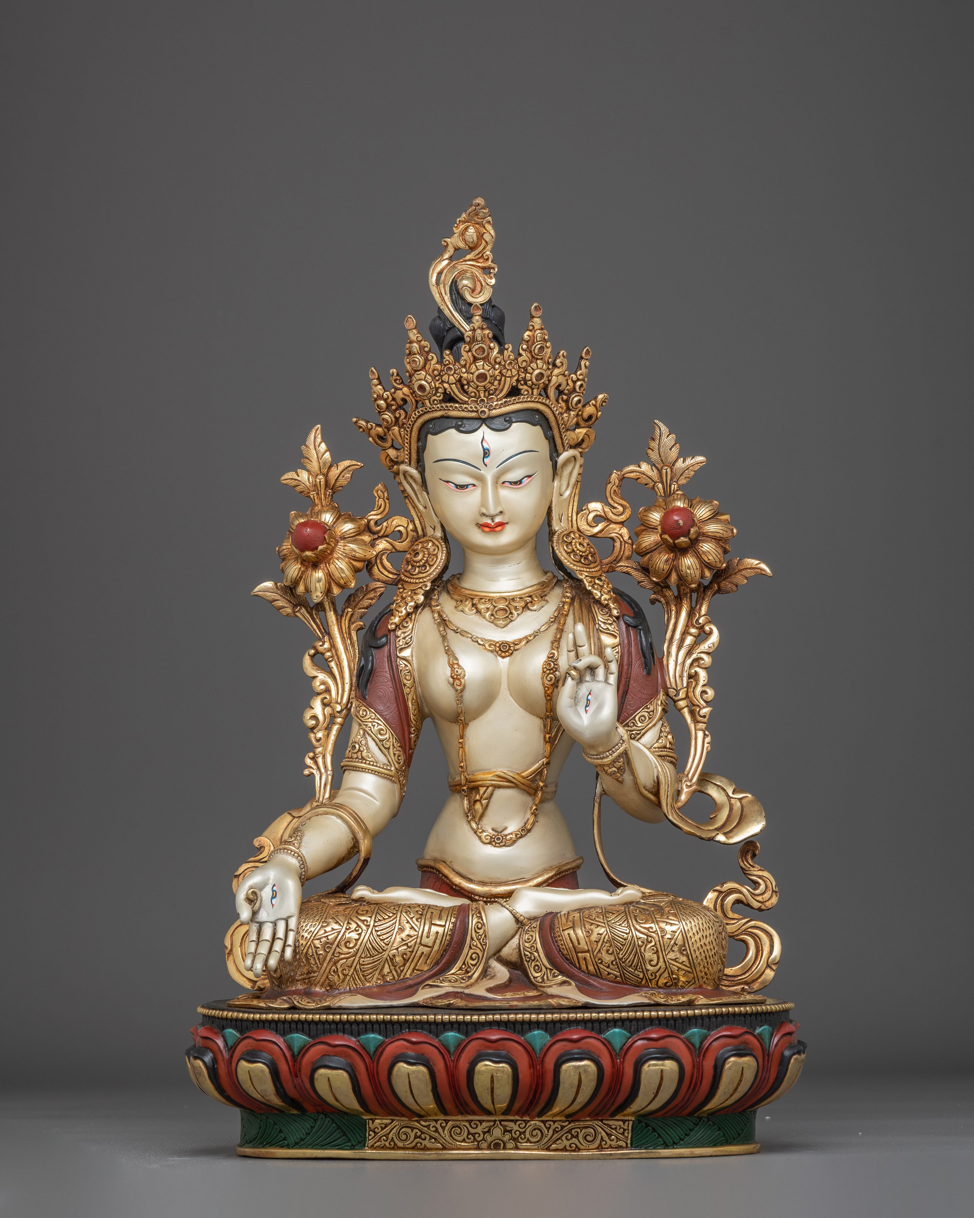 Himalayan White Tara Statue: Nepali Handcrafted Gold Icon