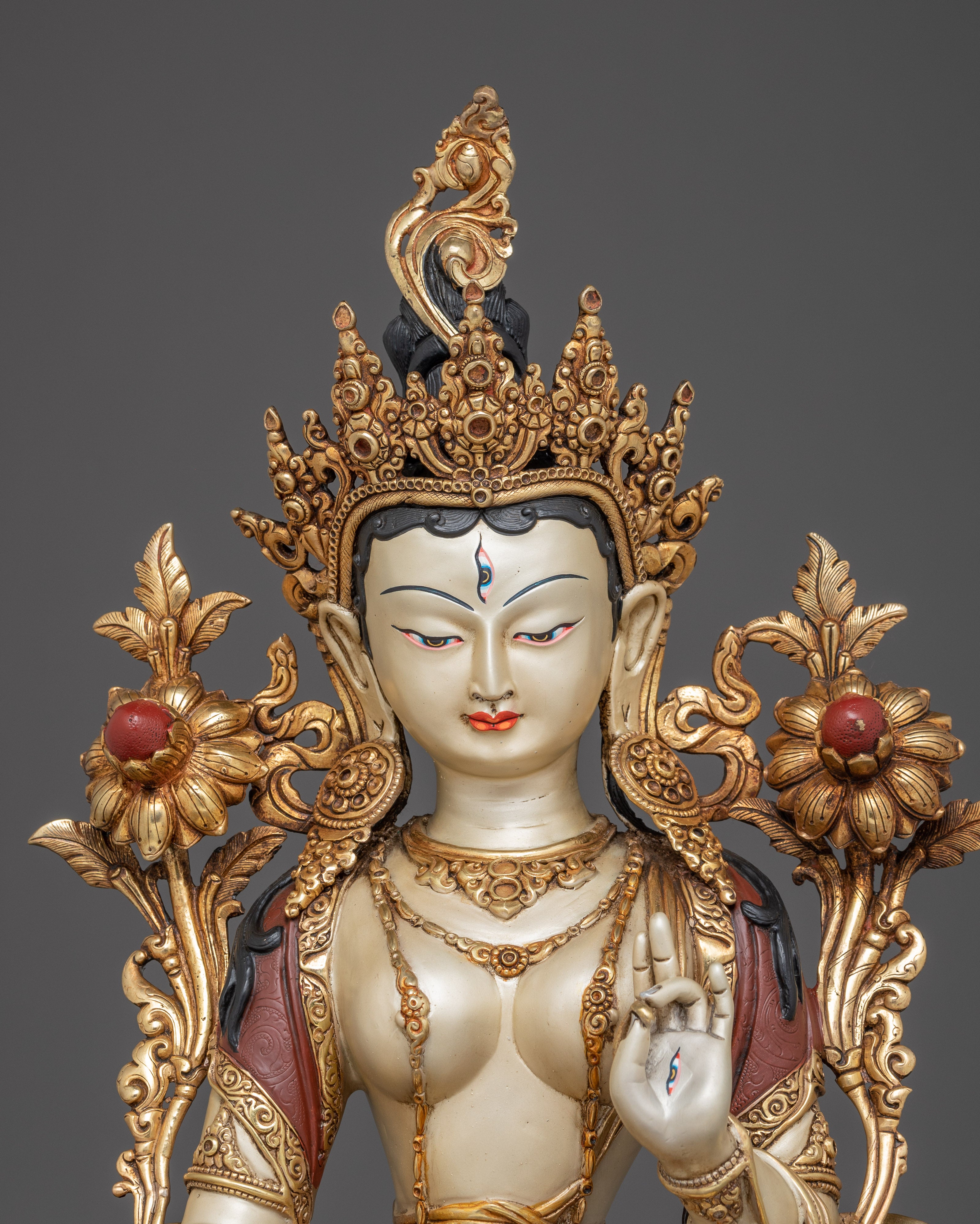Himalayan White Tara Statue: Nepali Handcrafted Gold Icon
