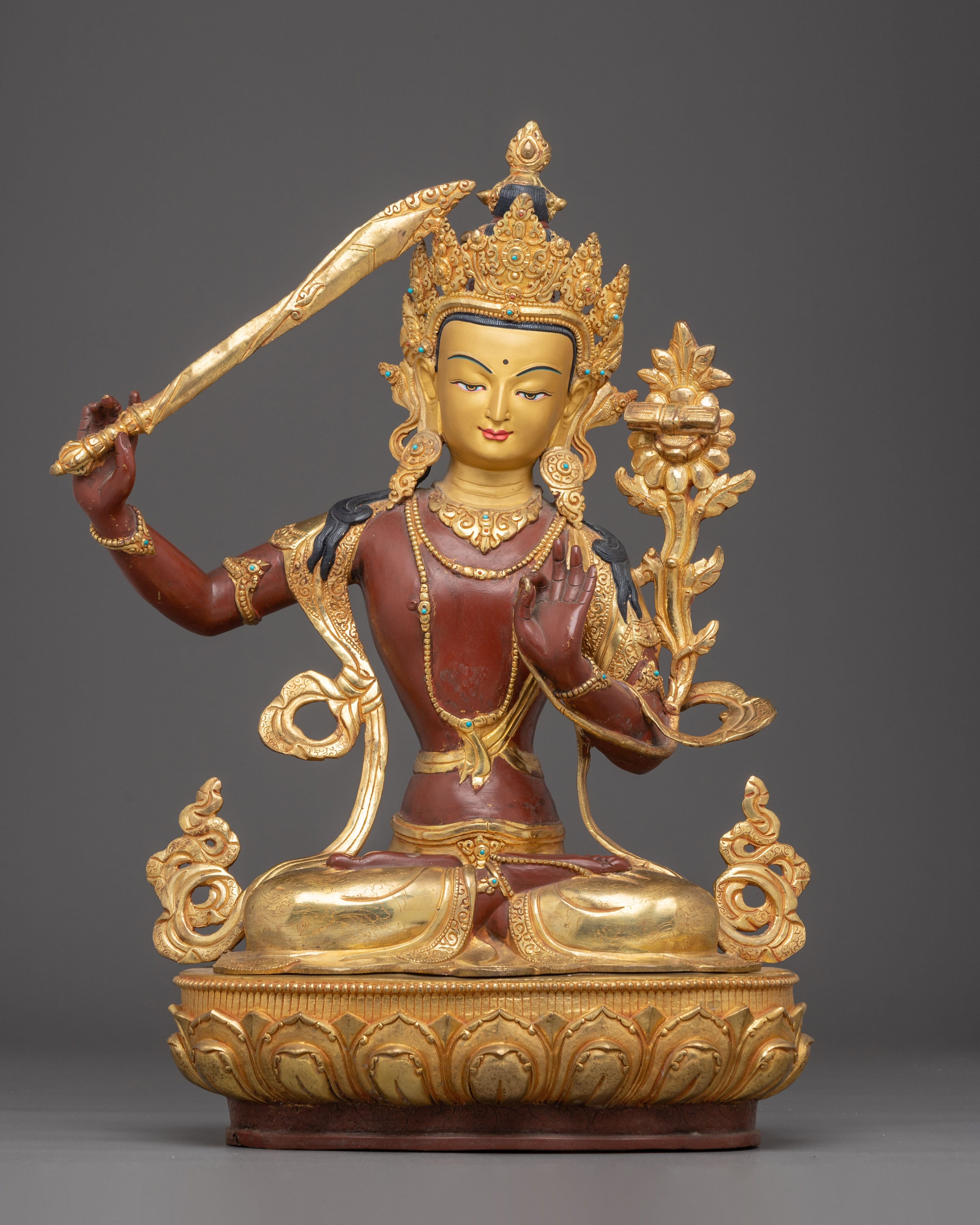 Golden Manjushri Figurine: The Wisdom Bodhisattva