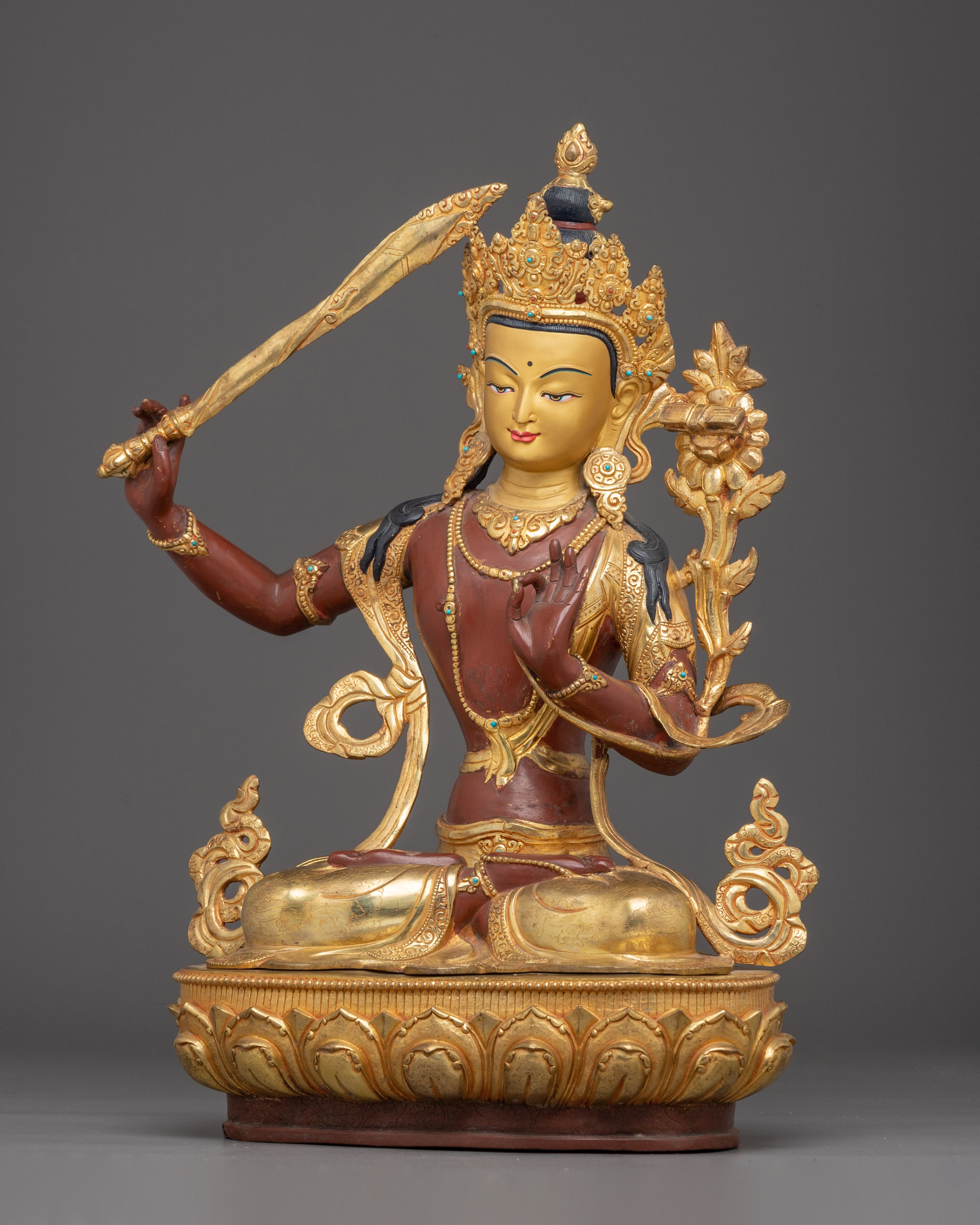 Golden Manjushri Figurine: The Wisdom Bodhisattva