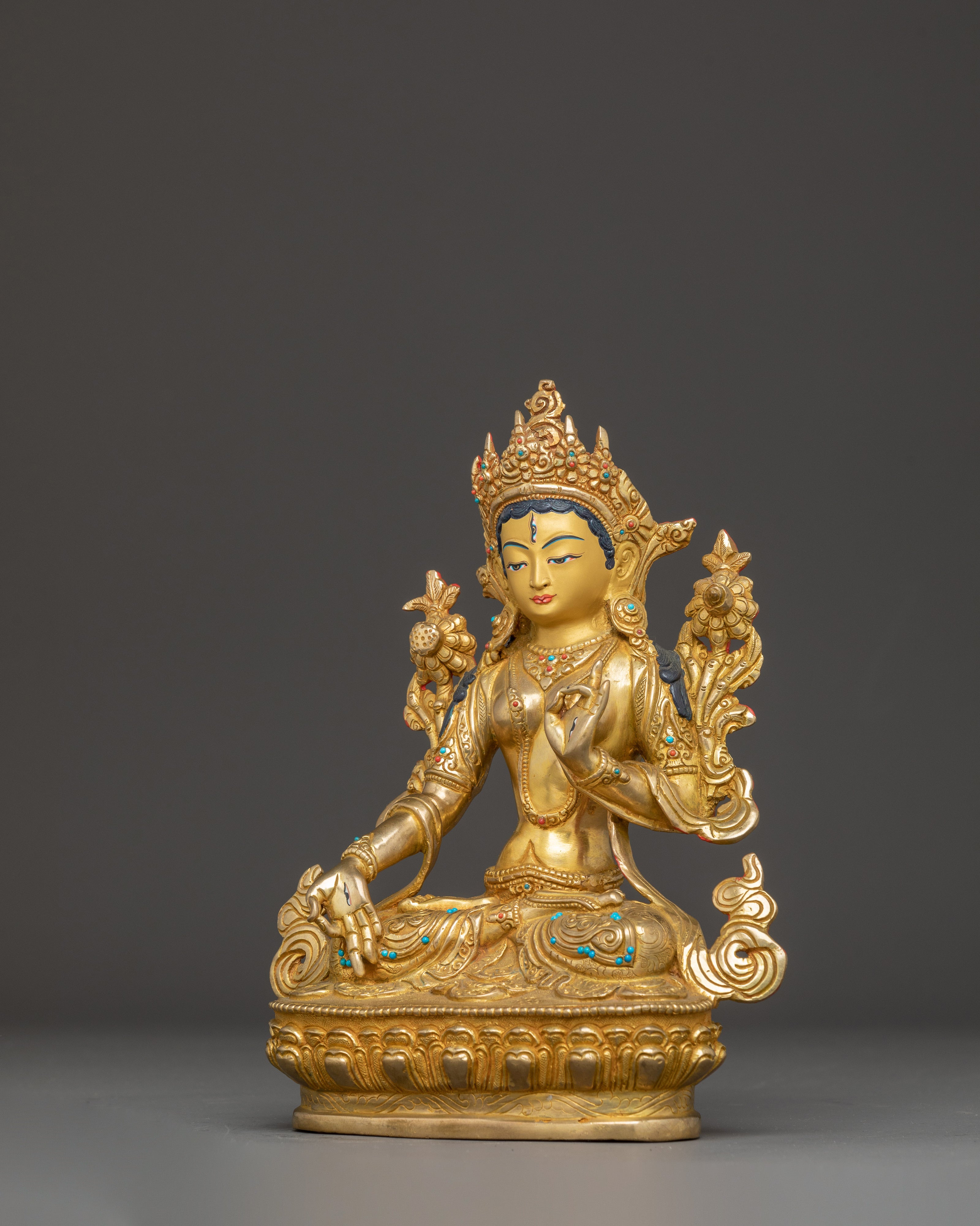 Golden White Tara Figurine: Tibetan Healing Deity
