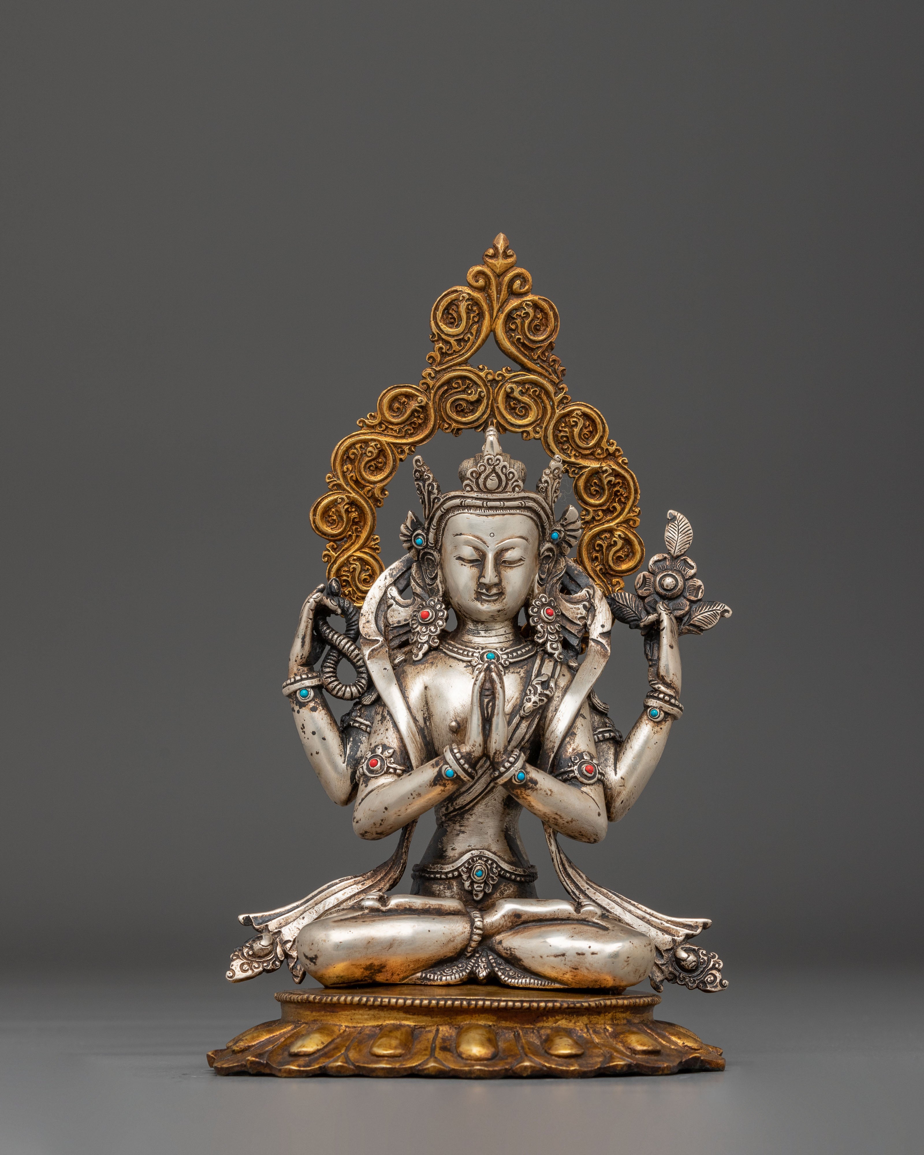 Silver and Gold Electroplated Statue of Chenrezig