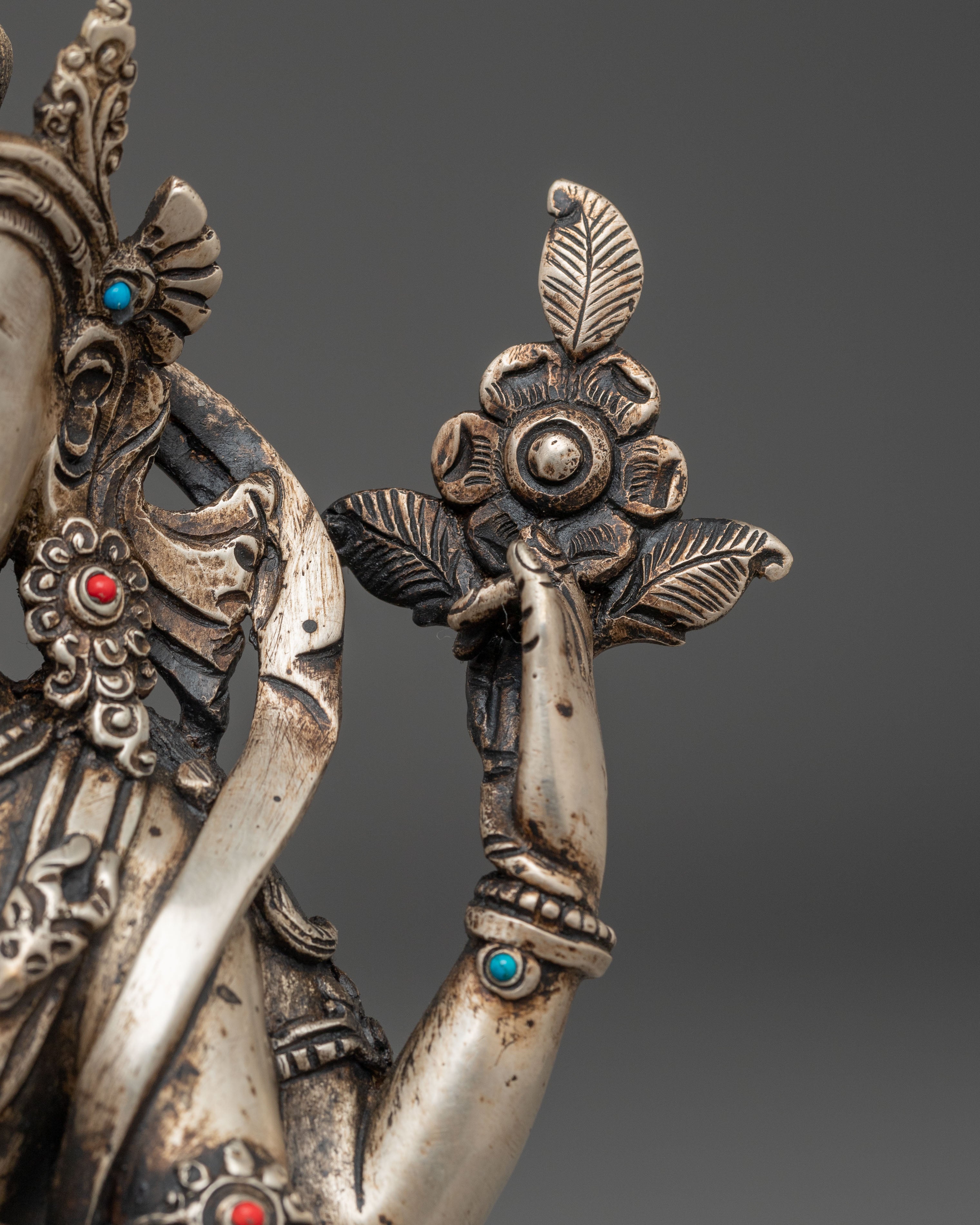 Silver and Gold Electroplated Statue of Chenrezig | Compassion Bodhisattva