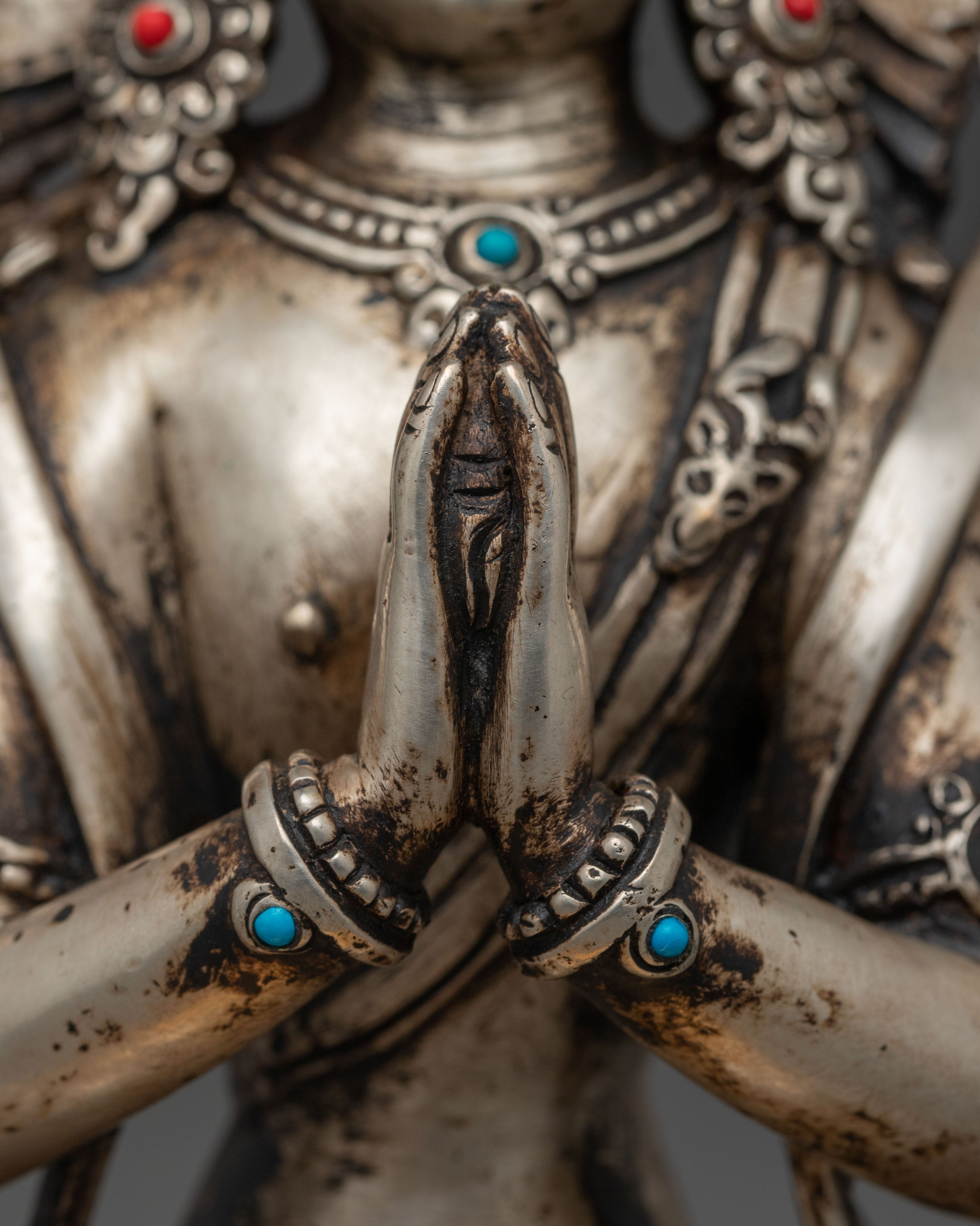 Silver and Gold Electroplated Statue of Chenrezig | Compassion Bodhisattva