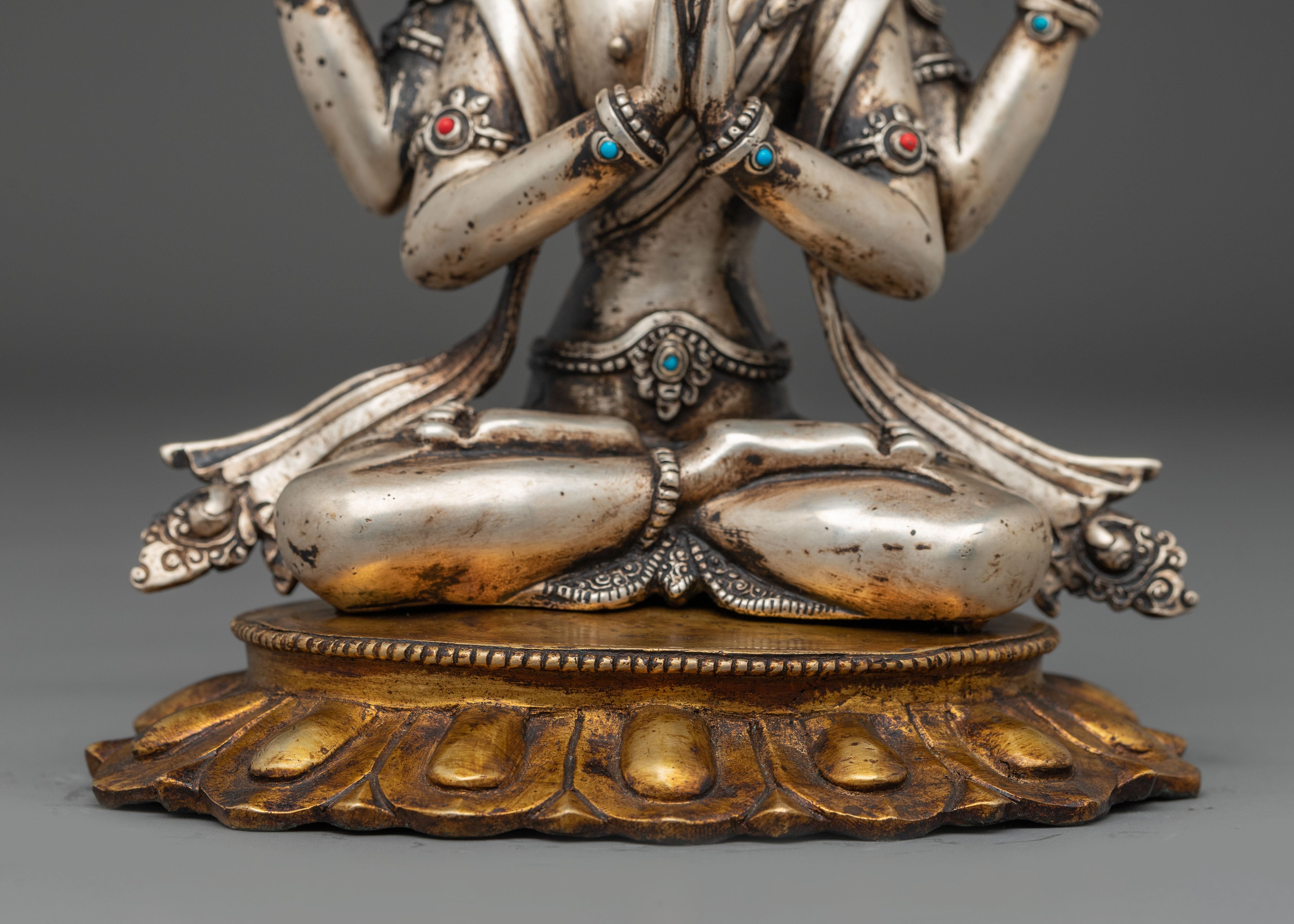 Silver and Gold Electroplated Statue of Chenrezig | Compassion Bodhisattva