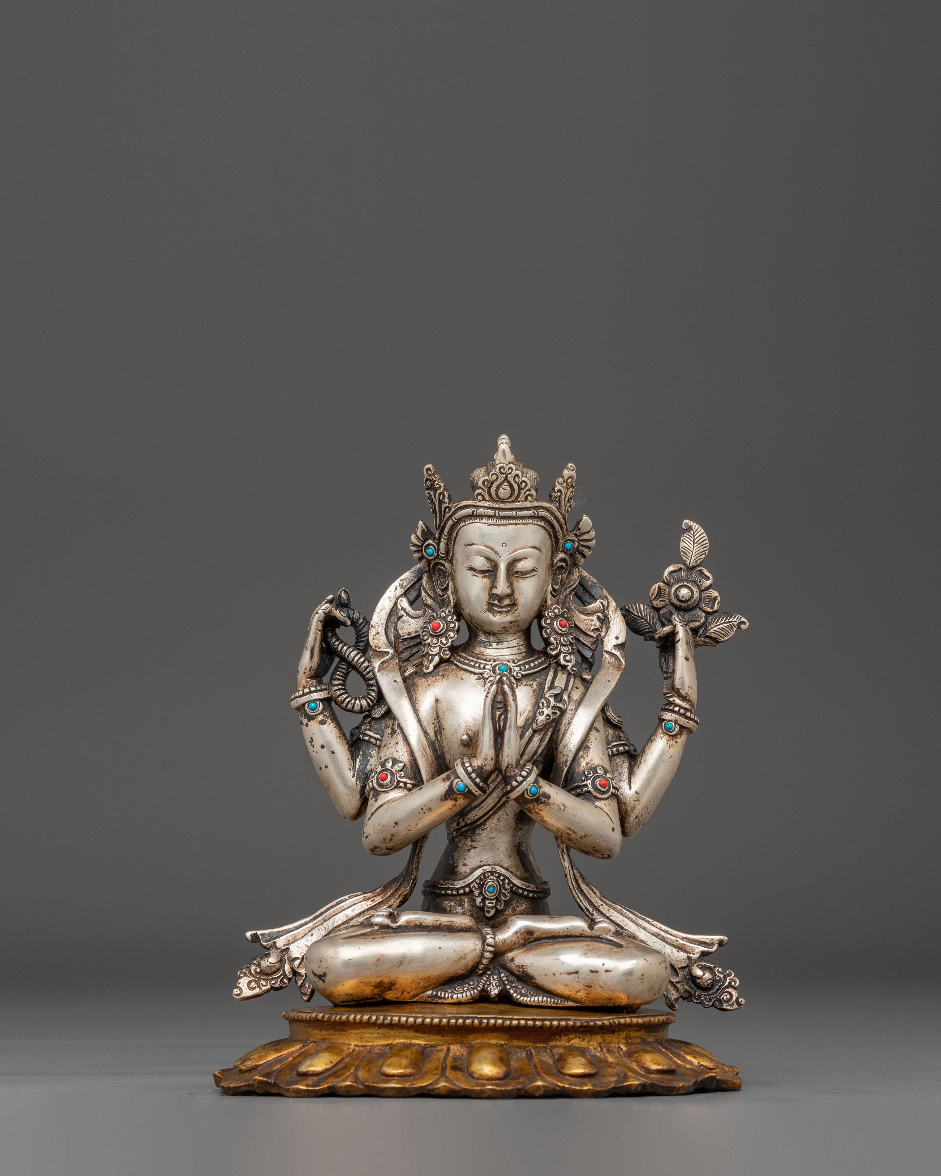 Silver and Gold Electroplated Statue of Chenrezig | Compassion Bodhisattva