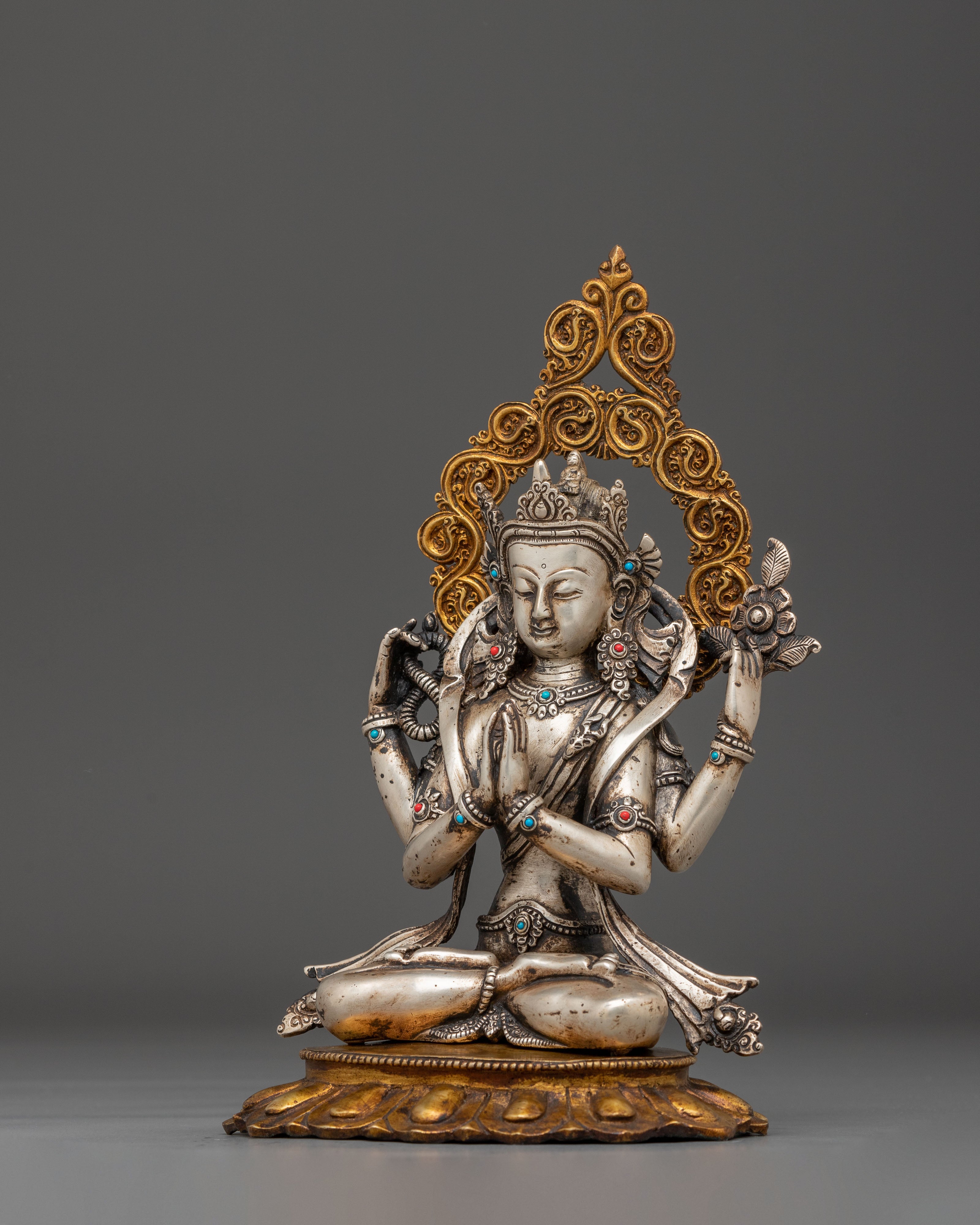 Silver and Gold Electroplated Statue of Chenrezig | Compassion Bodhisattva