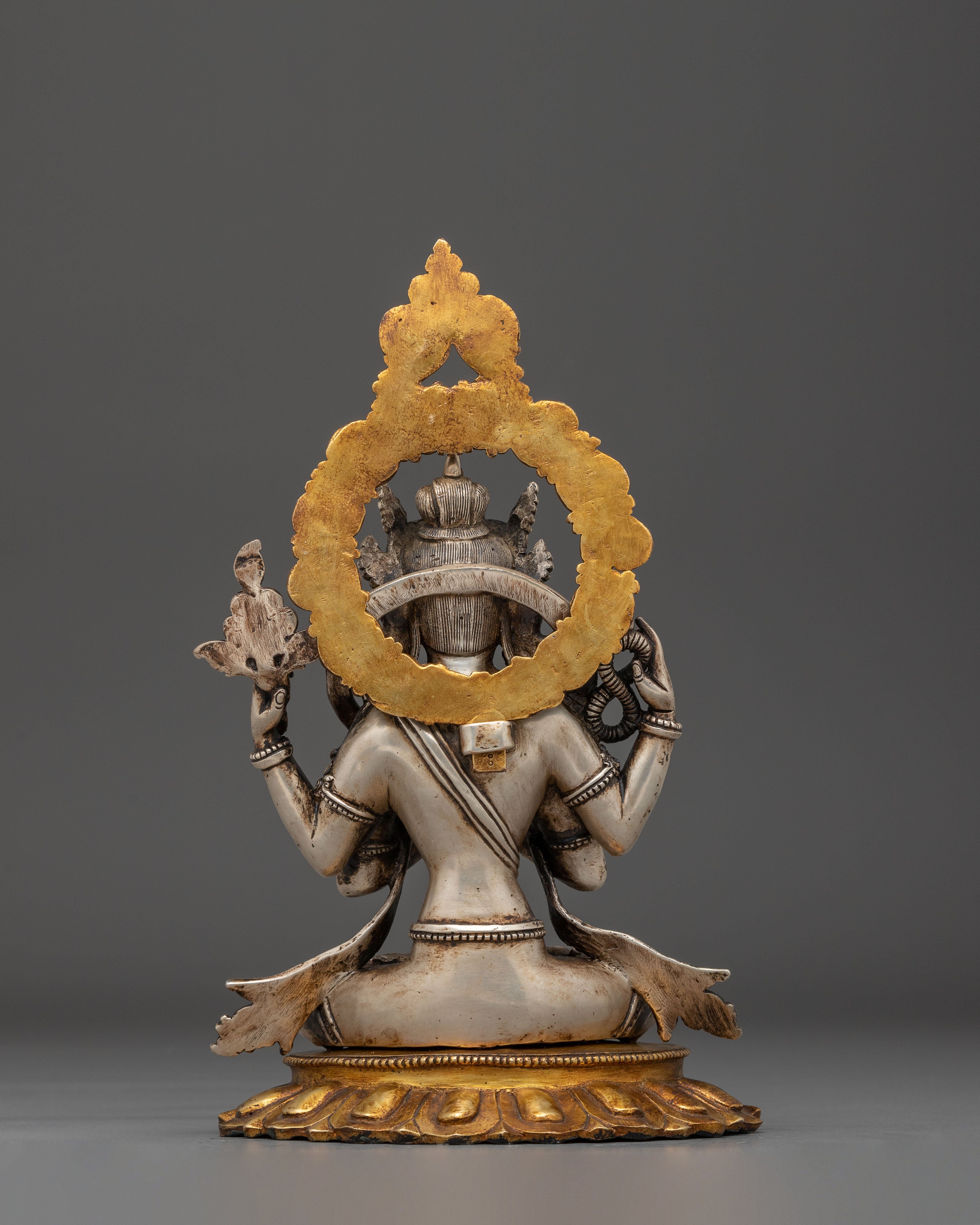 Silver and Gold Electroplated Statue of Chenrezig | Compassion Bodhisattva