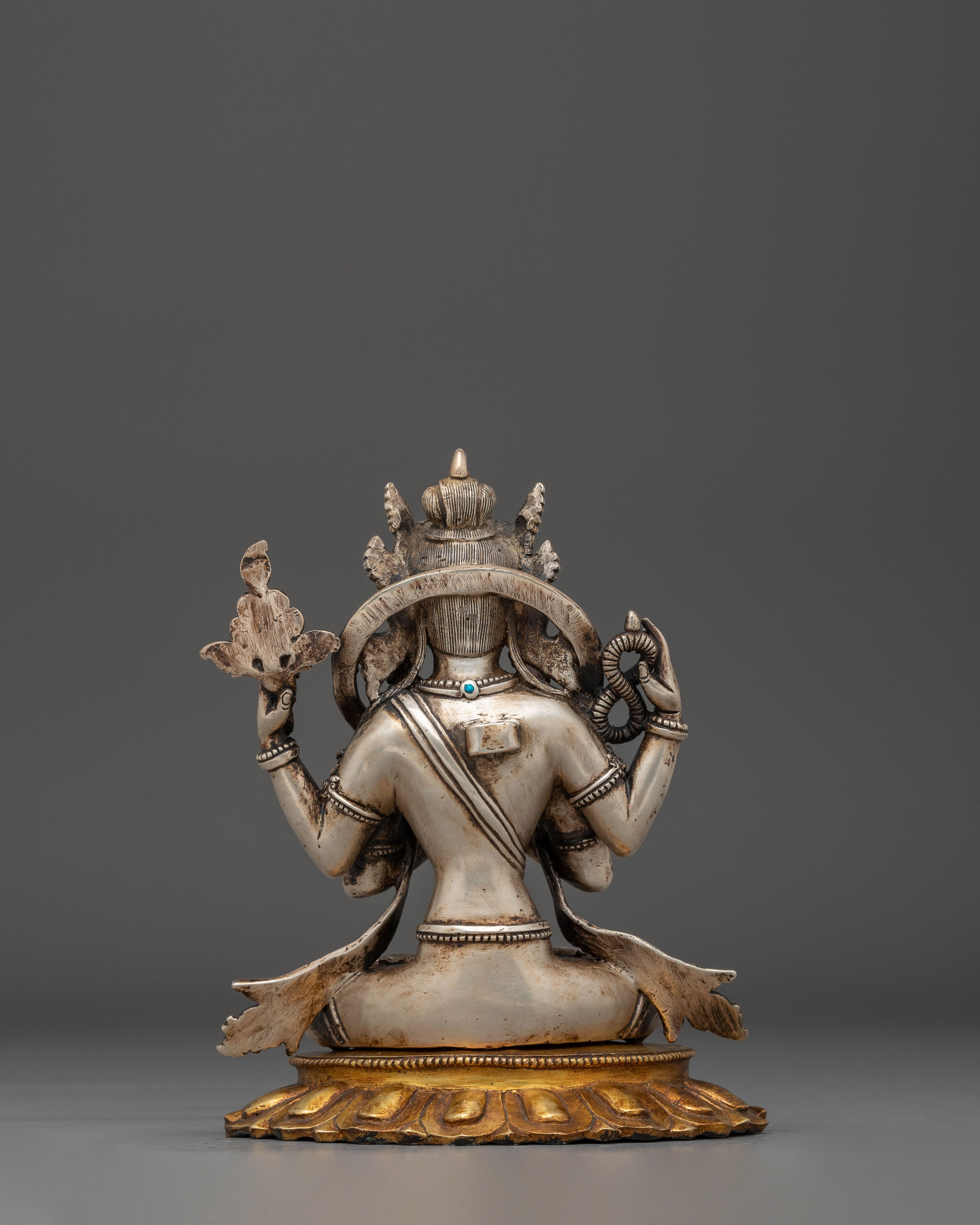 Silver and Gold Electroplated Statue of Chenrezig | Compassion Bodhisattva