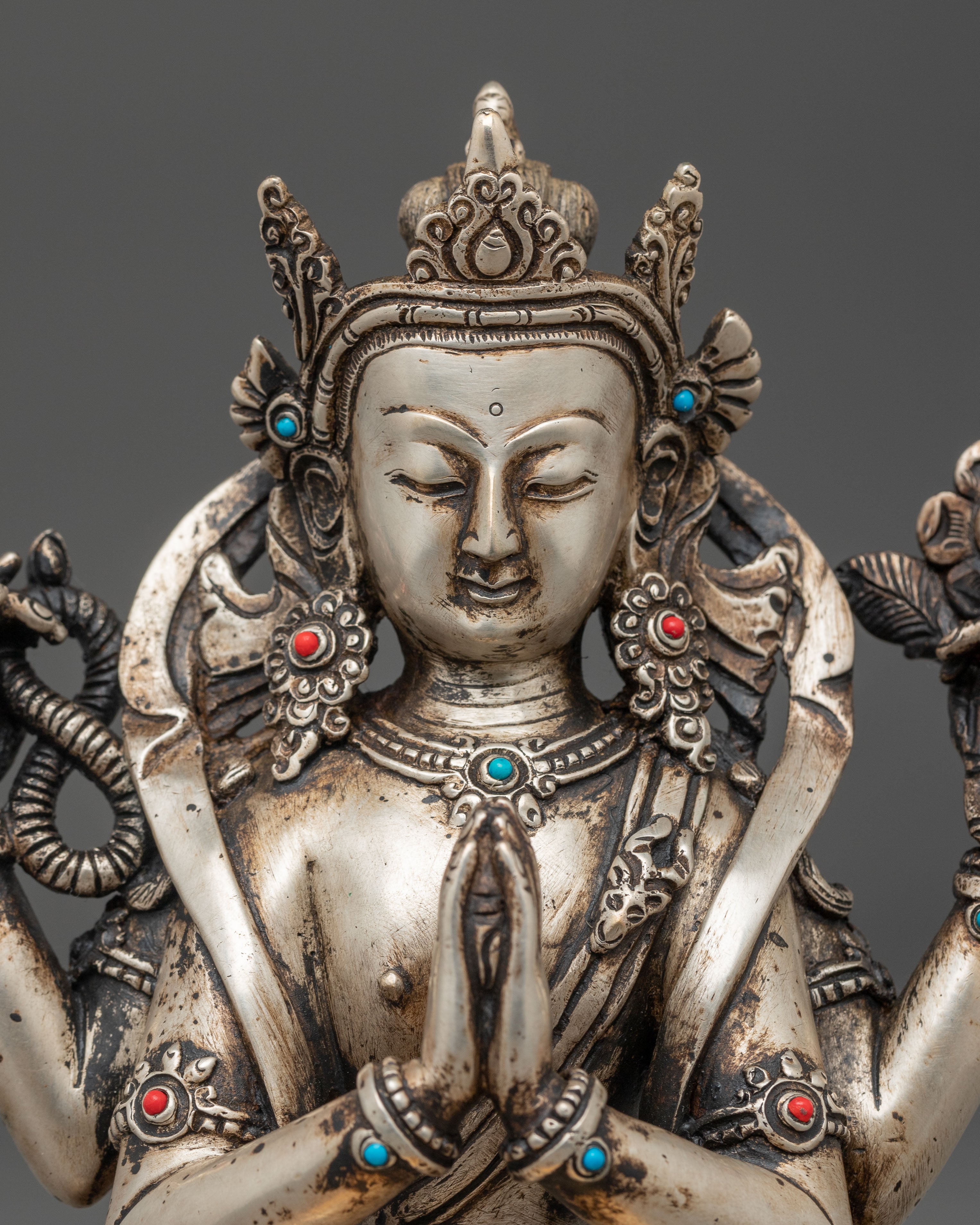 Silver and Gold Electroplated Statue of Chenrezig | Compassion Bodhisattva