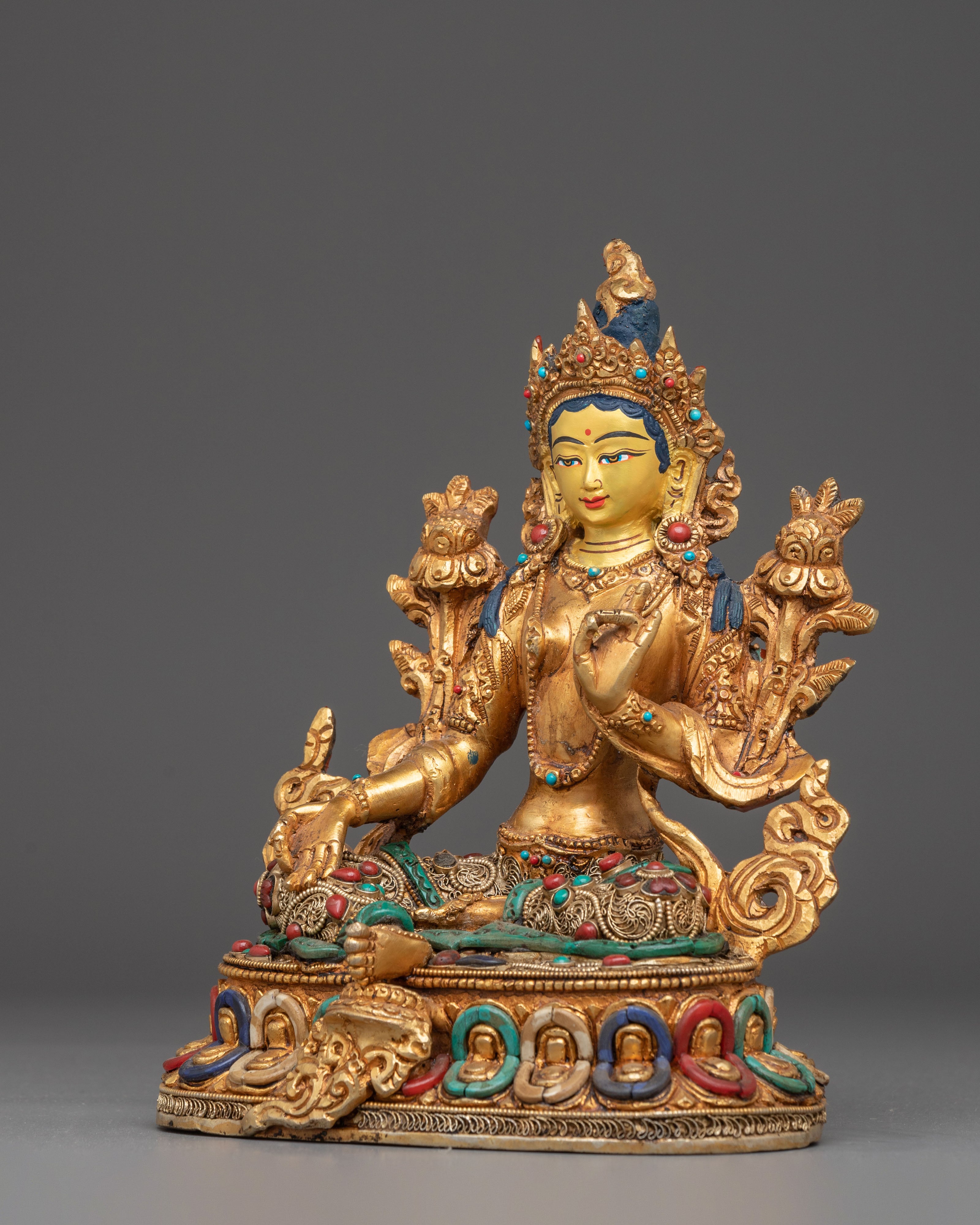 Golden Green Tara Statue: Nepali Handcrafted Artwork