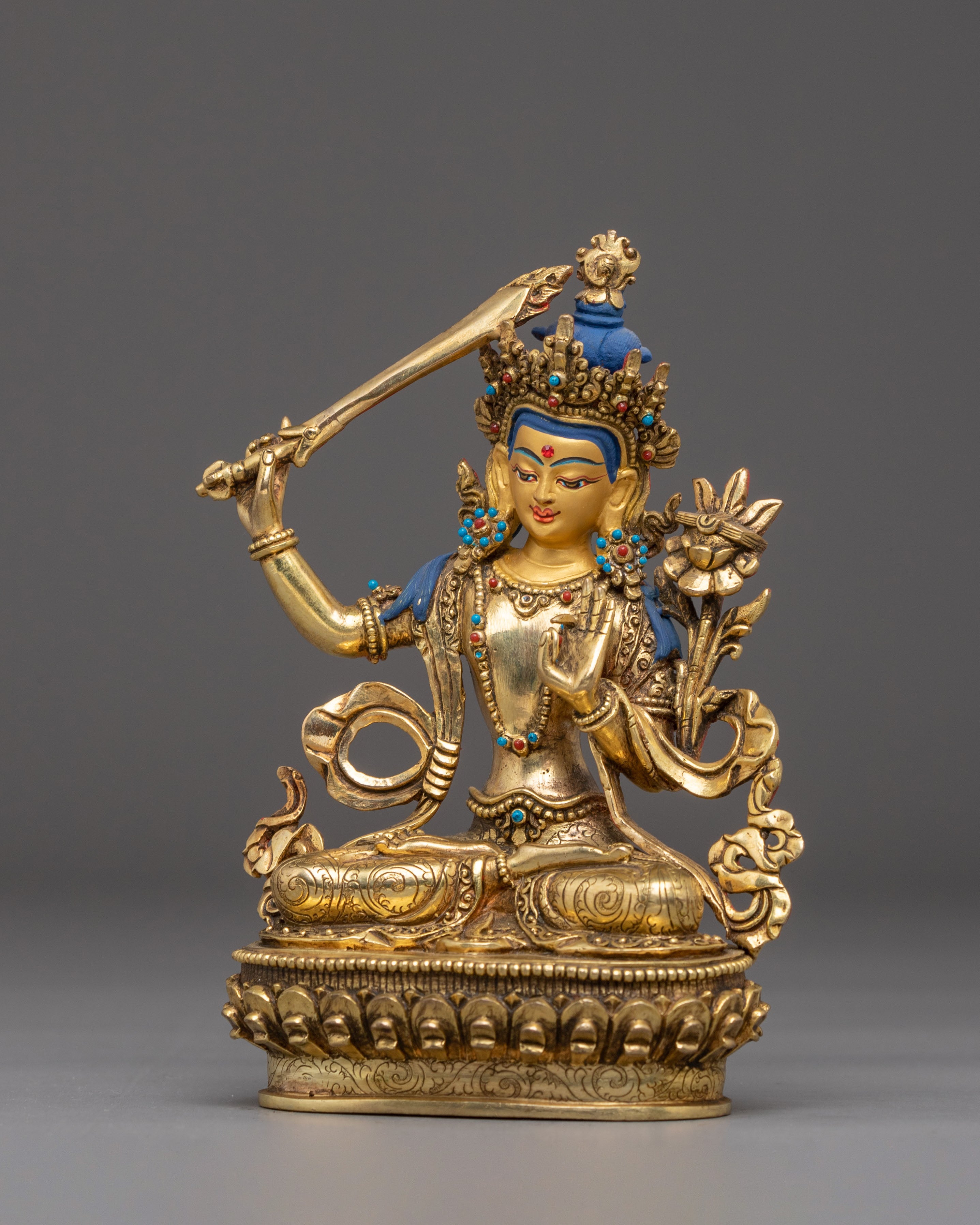 Manjushri Statue, Guardian of Knowledge: Handcrafted Nepali Art